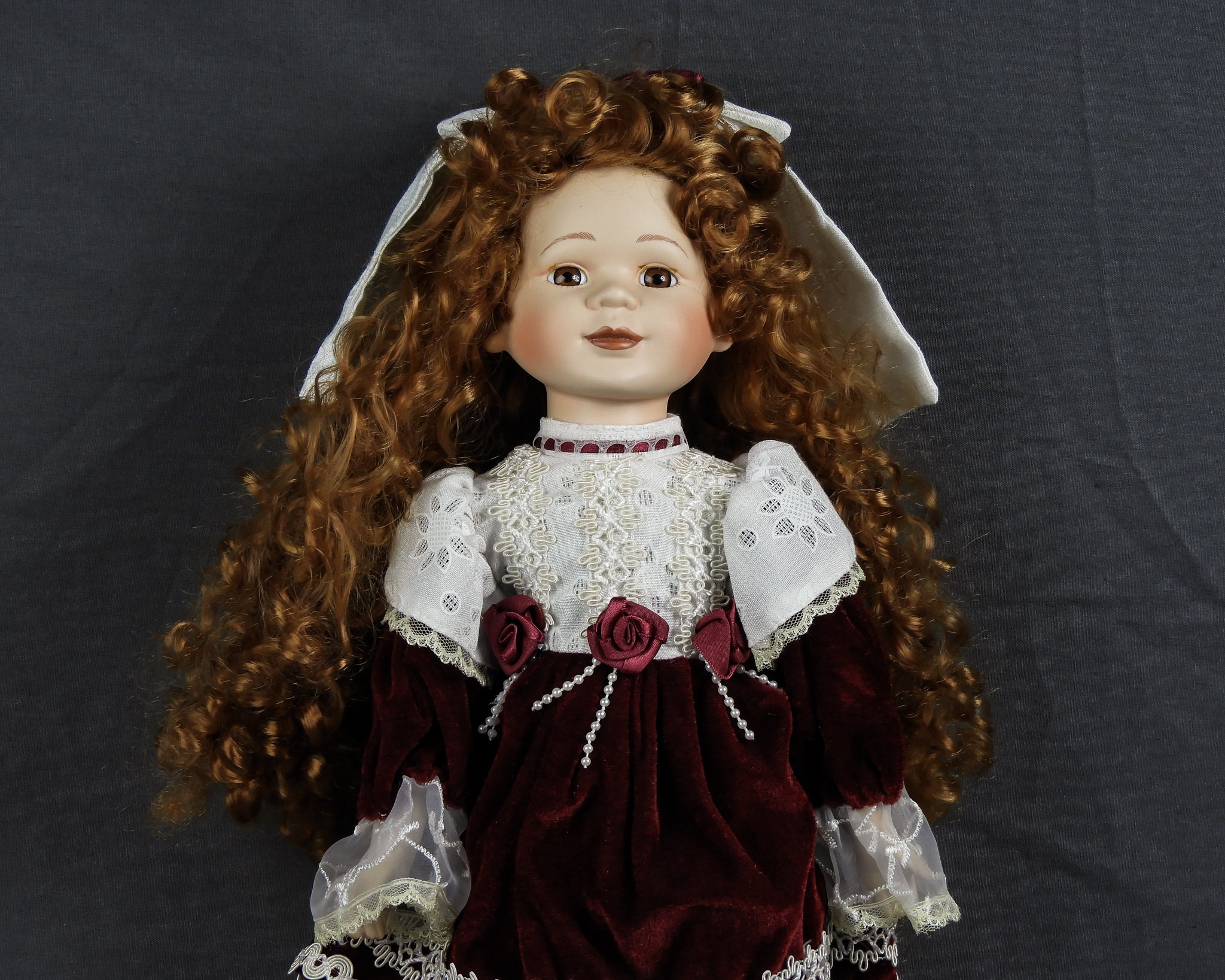 Vintage Porcelain Doll, Childrens Toy, Red & White, Stuffed Body, 16