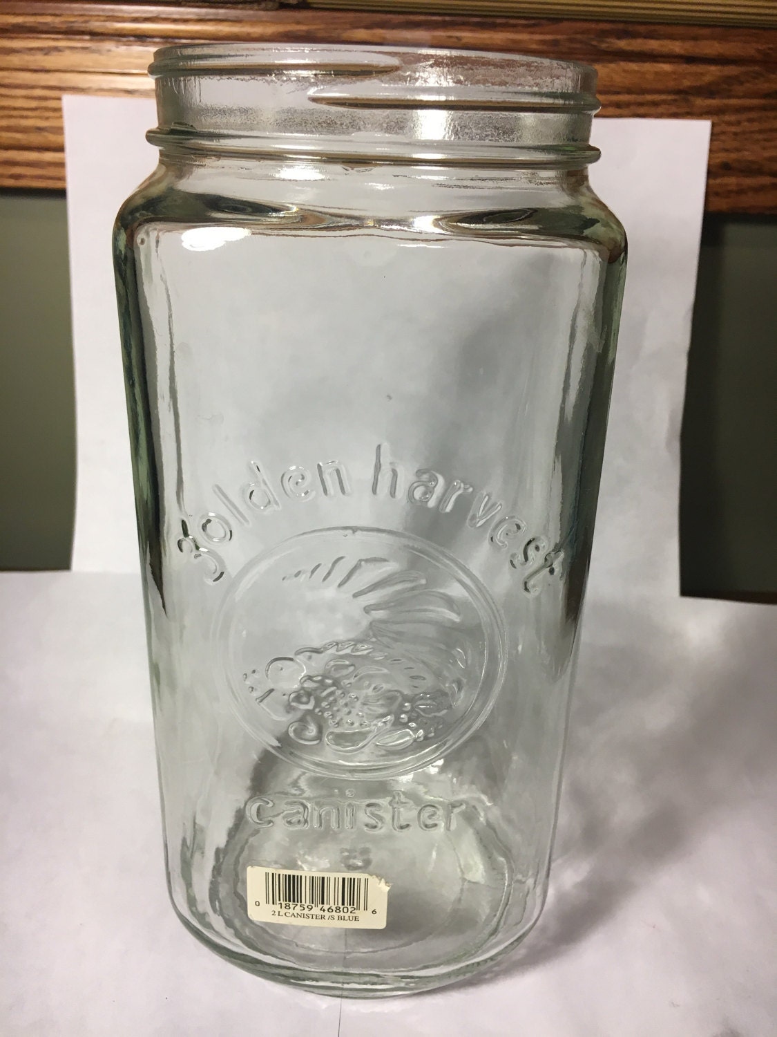Vintage Golden Harvest Jar, 2 Liter Glass Canister, Clear Glass