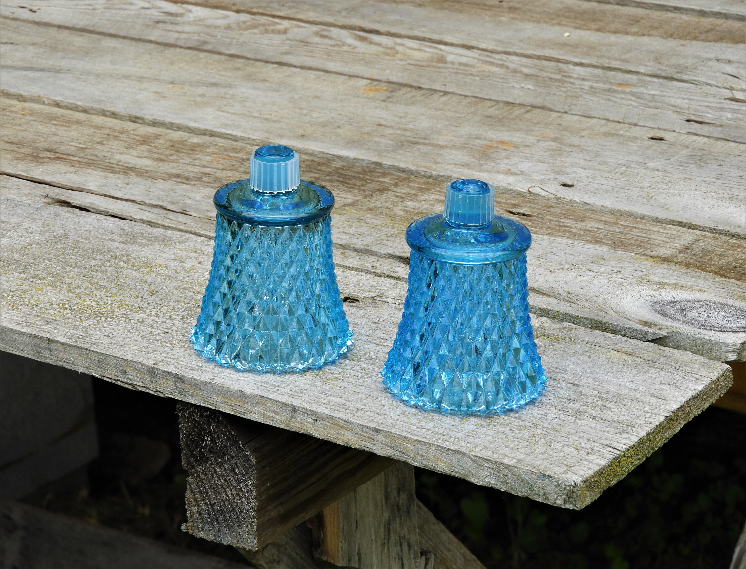 Vintage Votive Candle Holders (2), Ice Blue Glass Cups, Hobnail Diamond