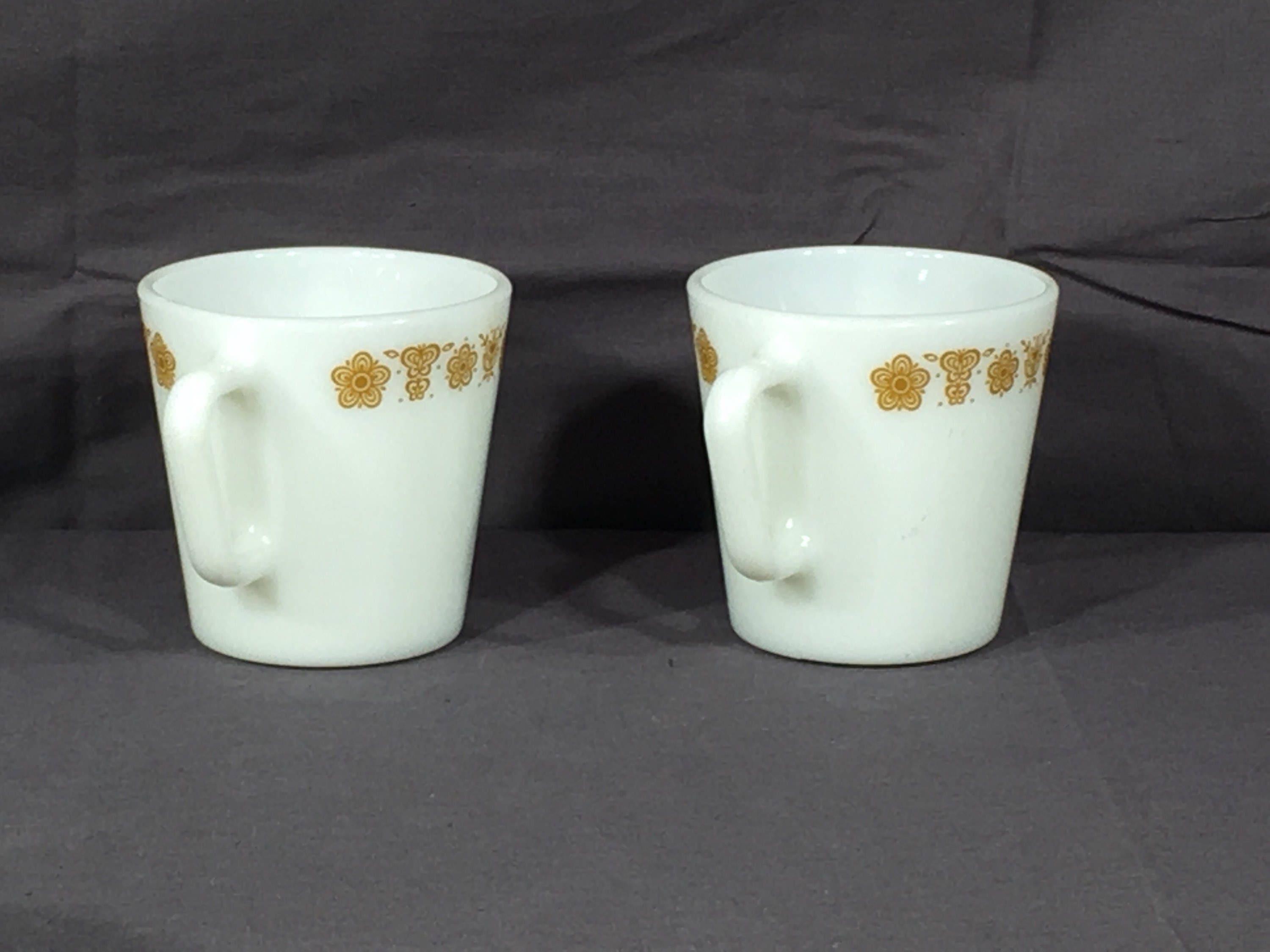 Vintage Butterfly Gold Mugs (2), Pyrex D Handle 1410 Coffee Cups, White
