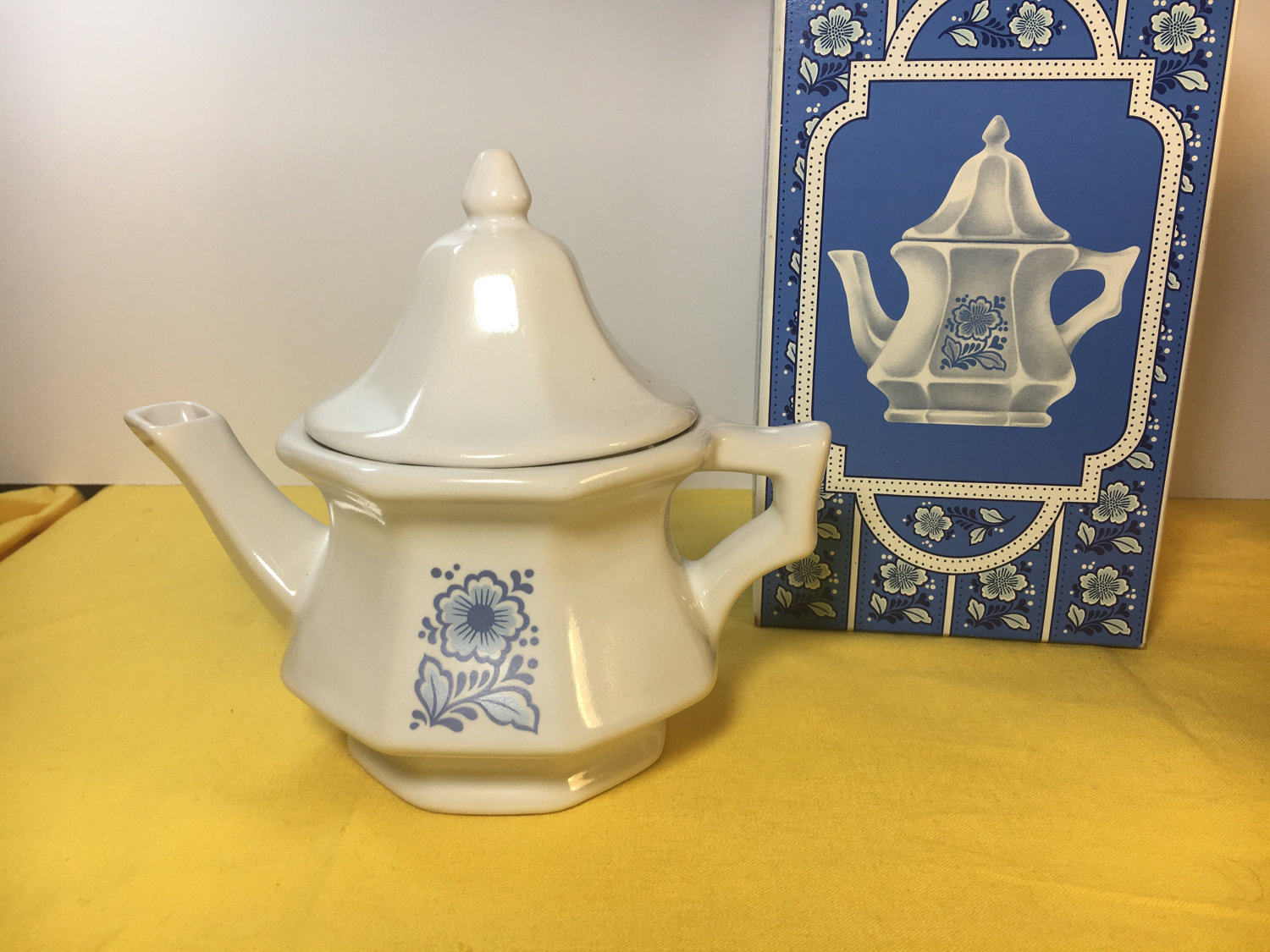 Vintage Avon China Teapot Perfumed Candle Holder, White & Blue Teapot