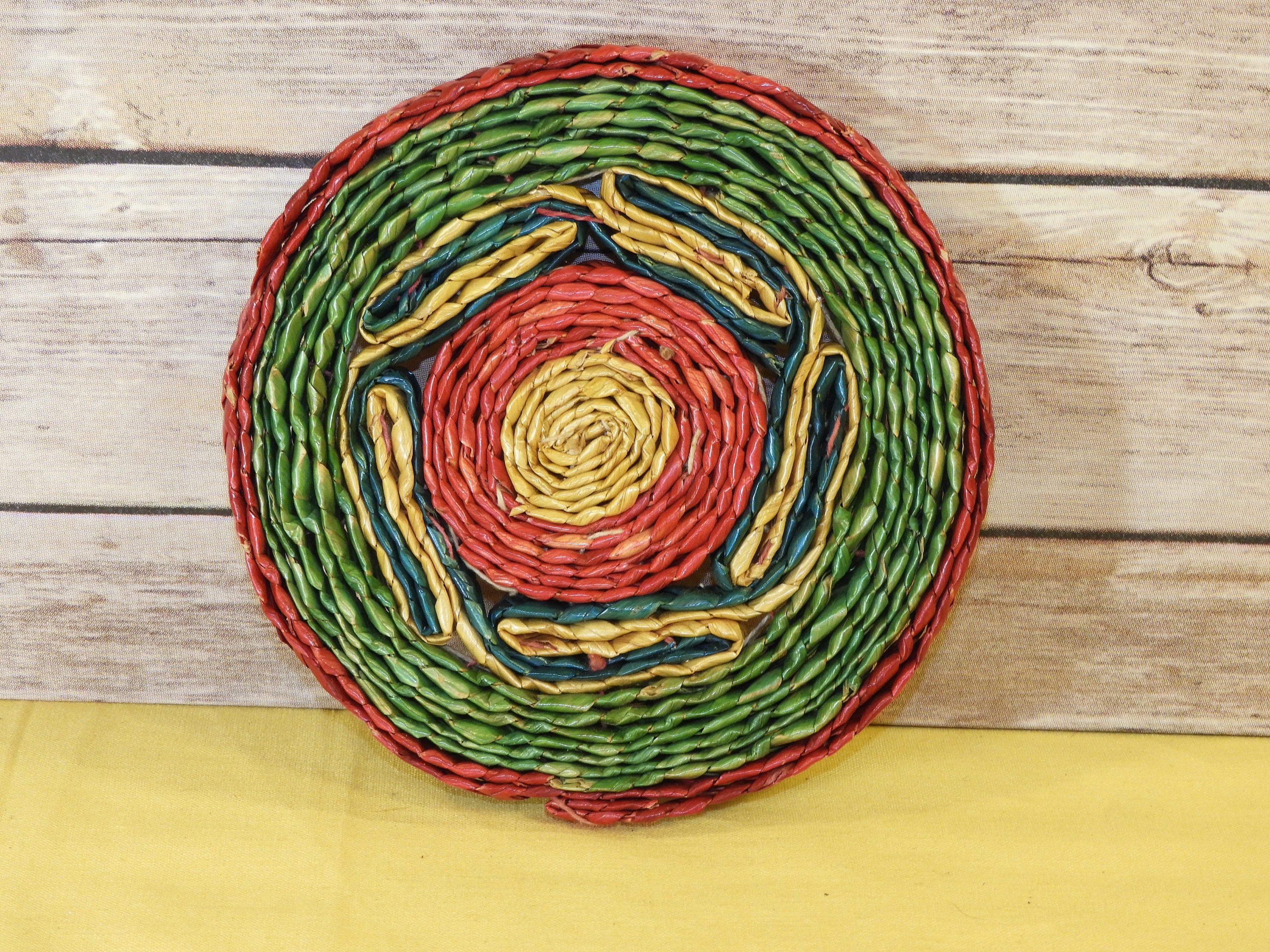 Vintage Woven Pot Holder Trivet, Green Red Yellow Orange Decorative