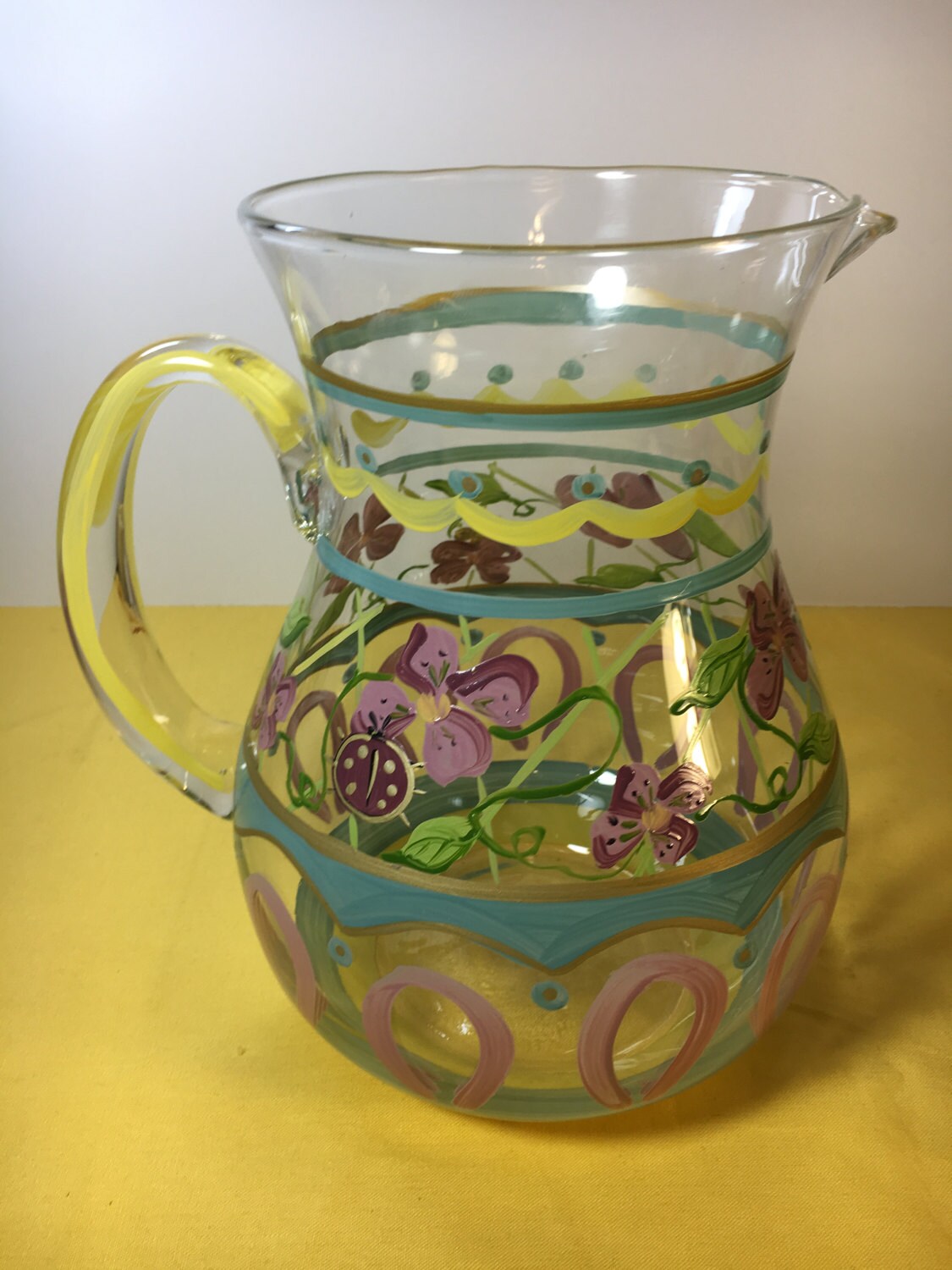 Vintage Blown Glass Pitcher, Hand Painted Pitcher, Blown Glass
