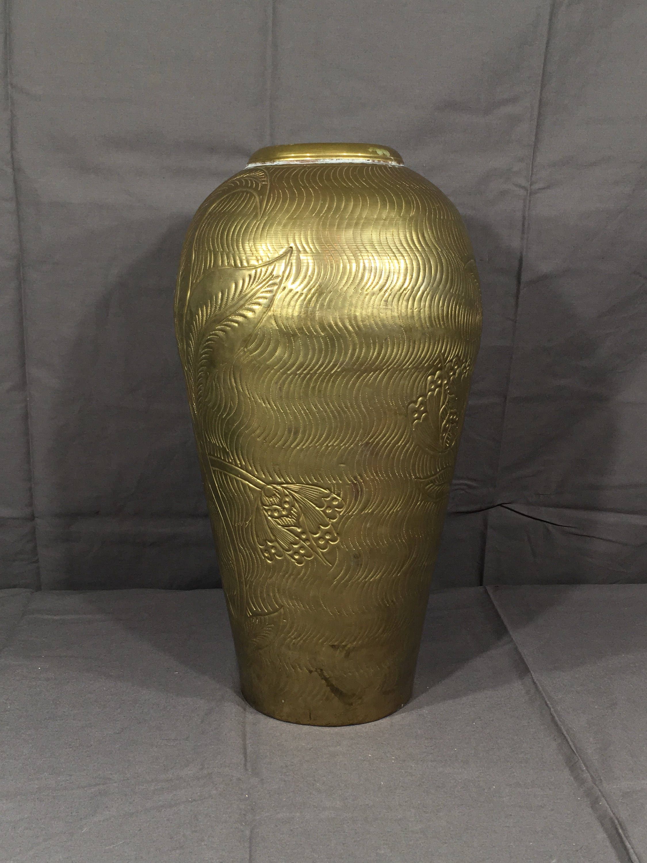 Vintage Brass Floor Vase, Engraved Metal Vase, Decorative Gold Vase