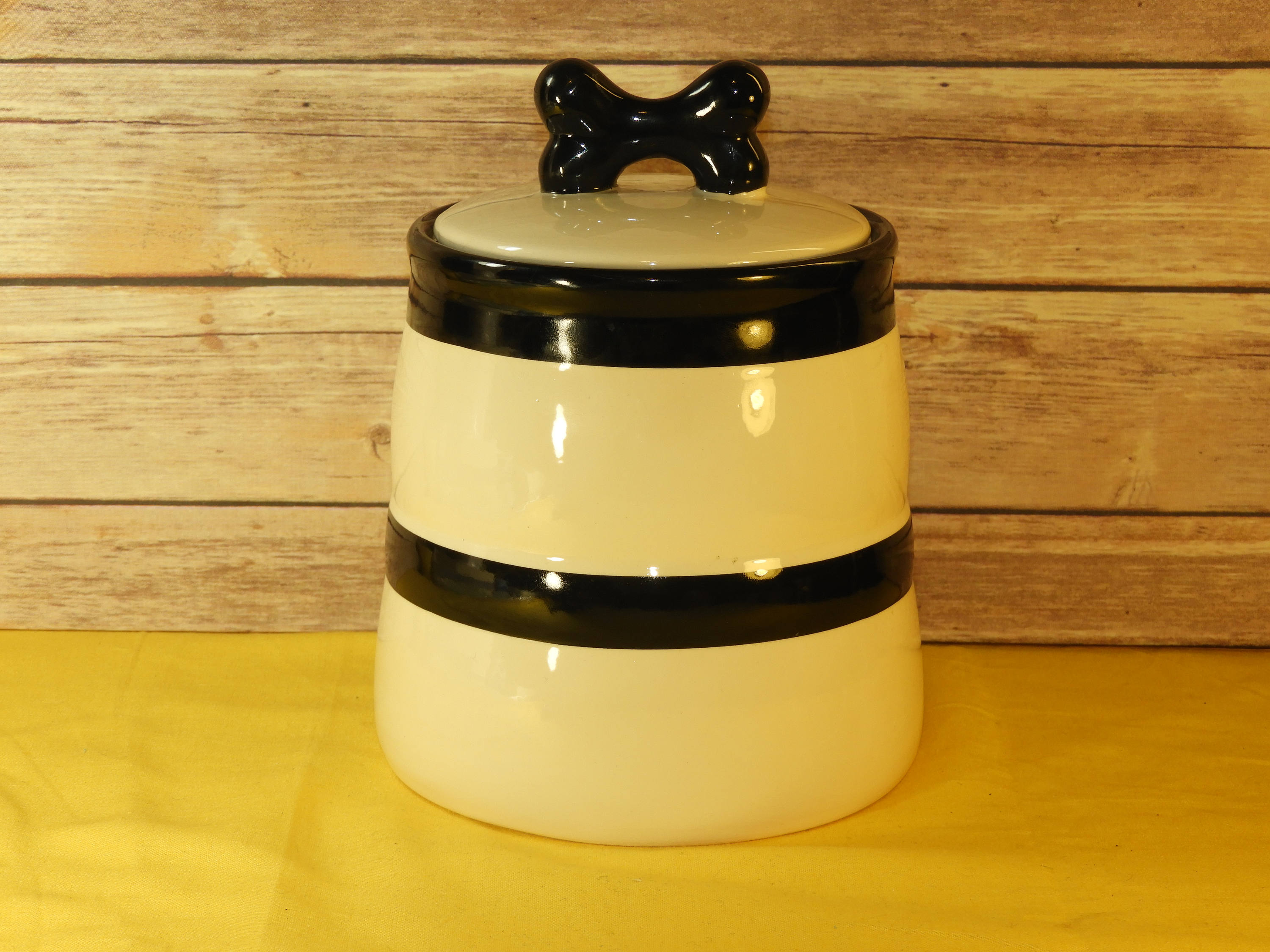 Vintage Dogbone Ceramic Kitchen Canister, White and Black Buckle