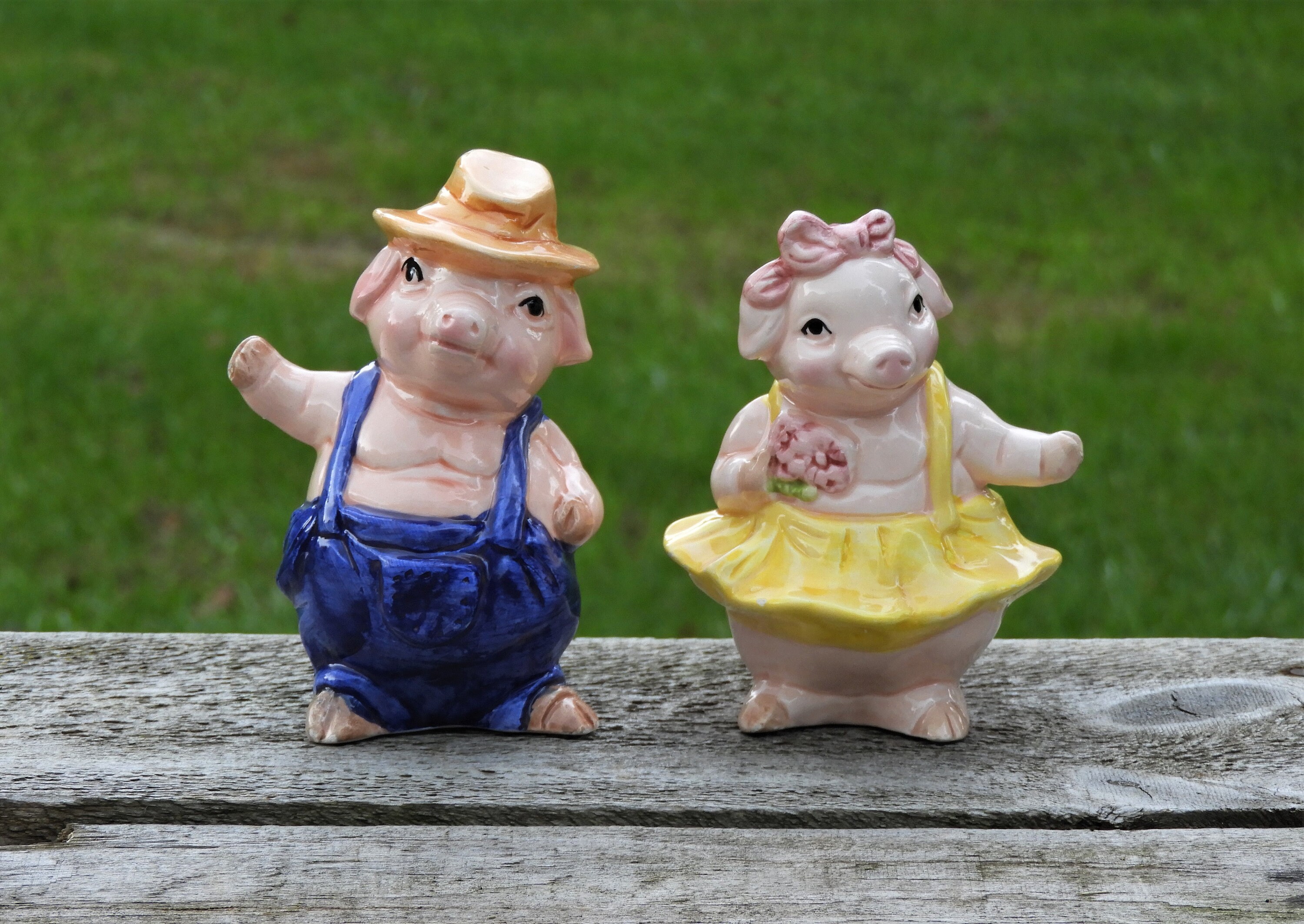 Vintage Pig Figurines (2), Farmer & Tutu Pig, Pink and Yellow Farm