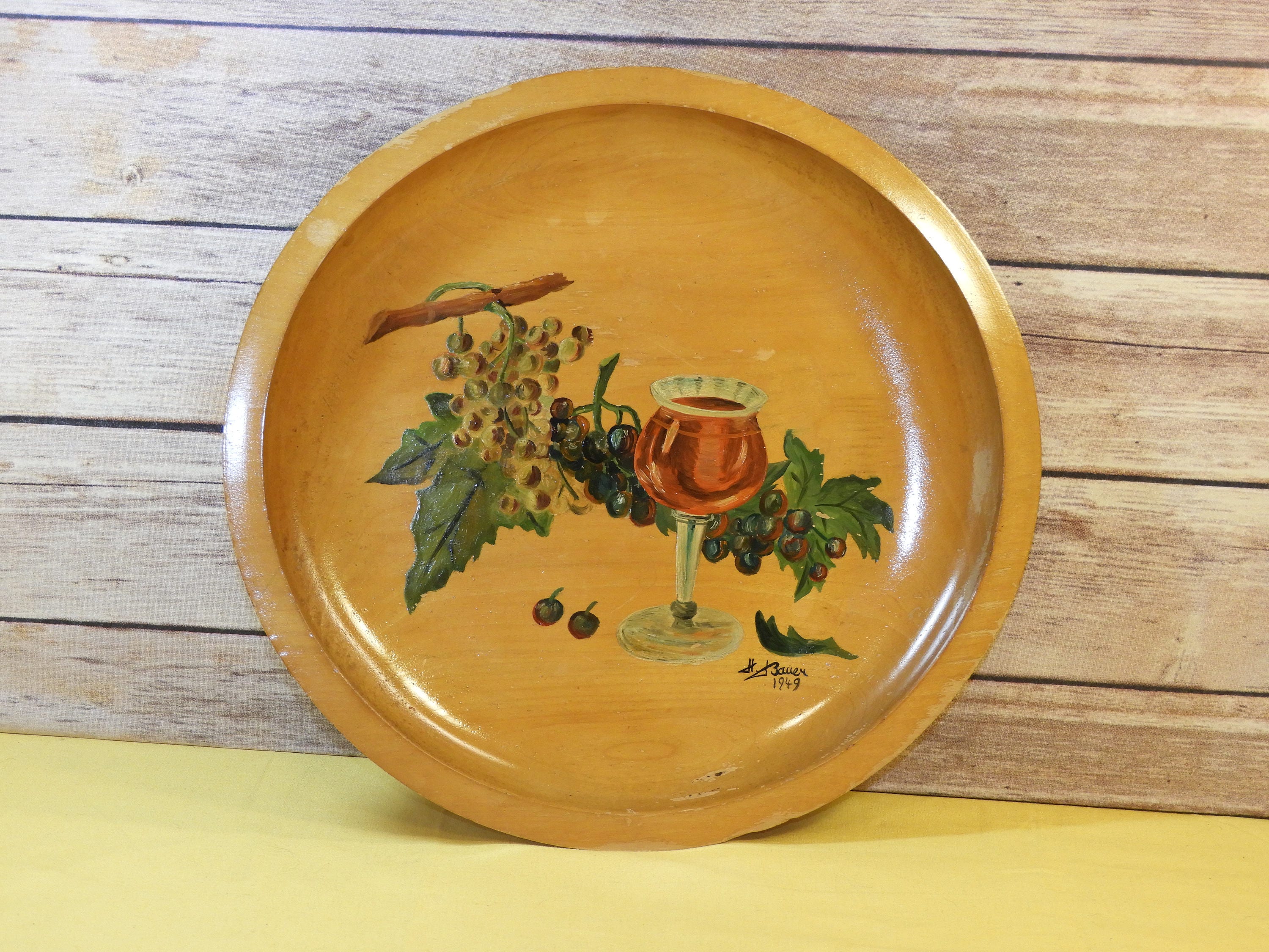 Vintage 1949 Wine Plate Country Collectible Rare H Bauer Oil