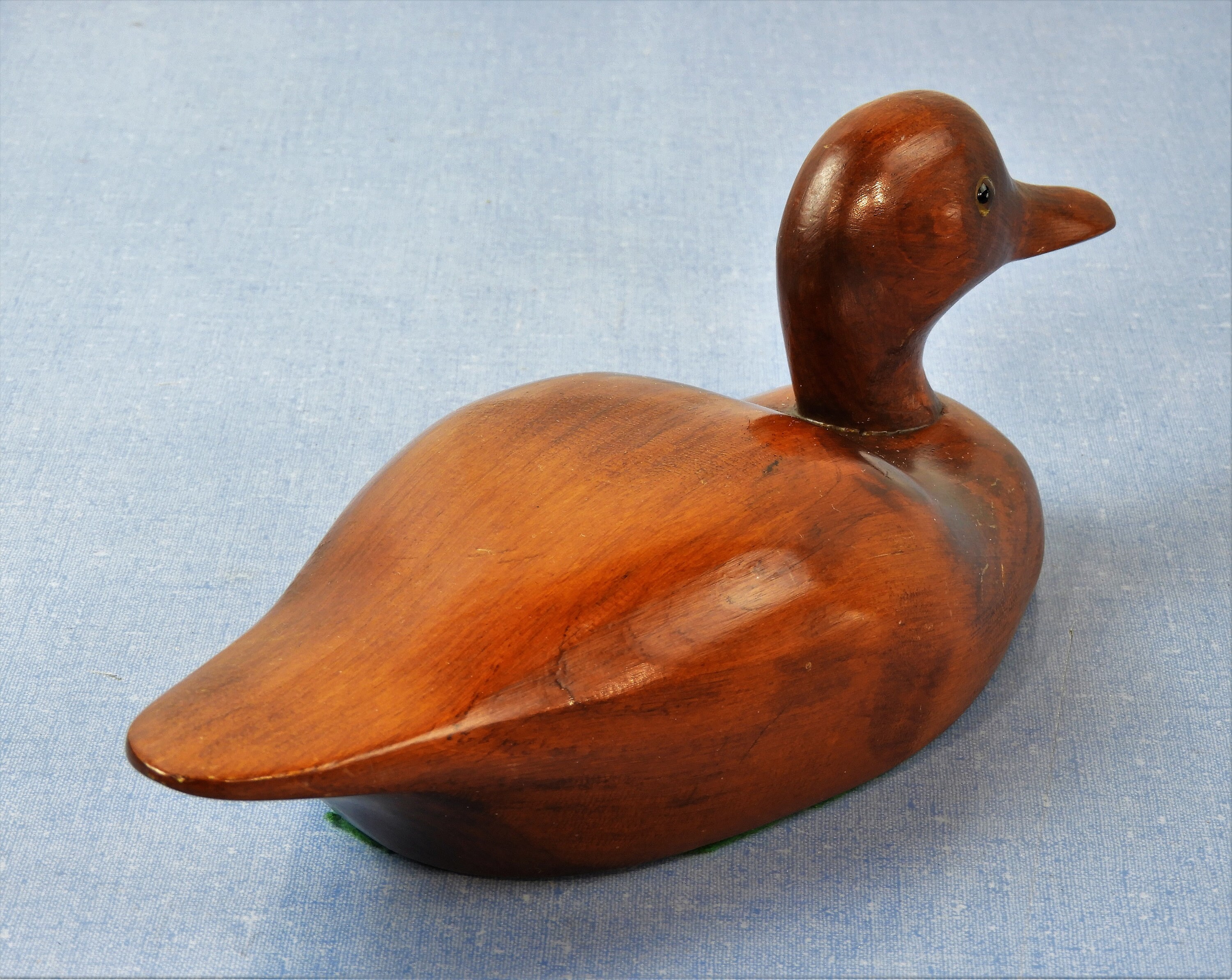 Vintage Wooden Duck, Carved Brown, Sitting Water Fowl, Glass Eyes
