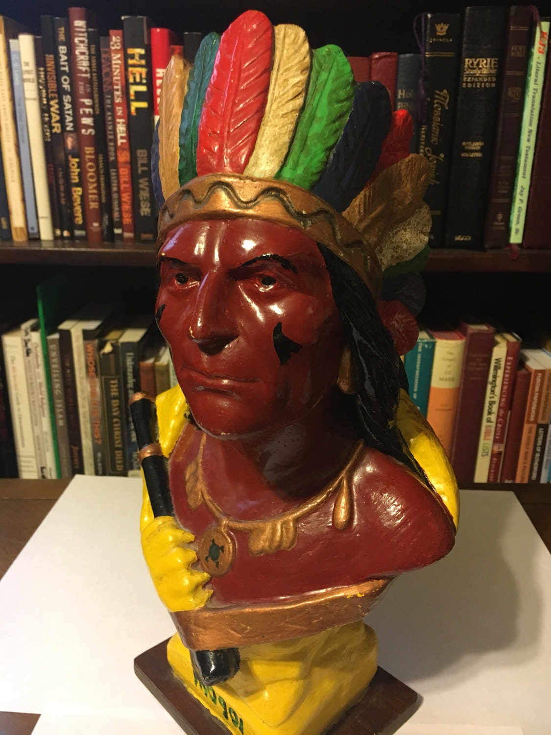 Antique Tobacco Chalkware Bust, Cigar Store Mohawk Indian Statue