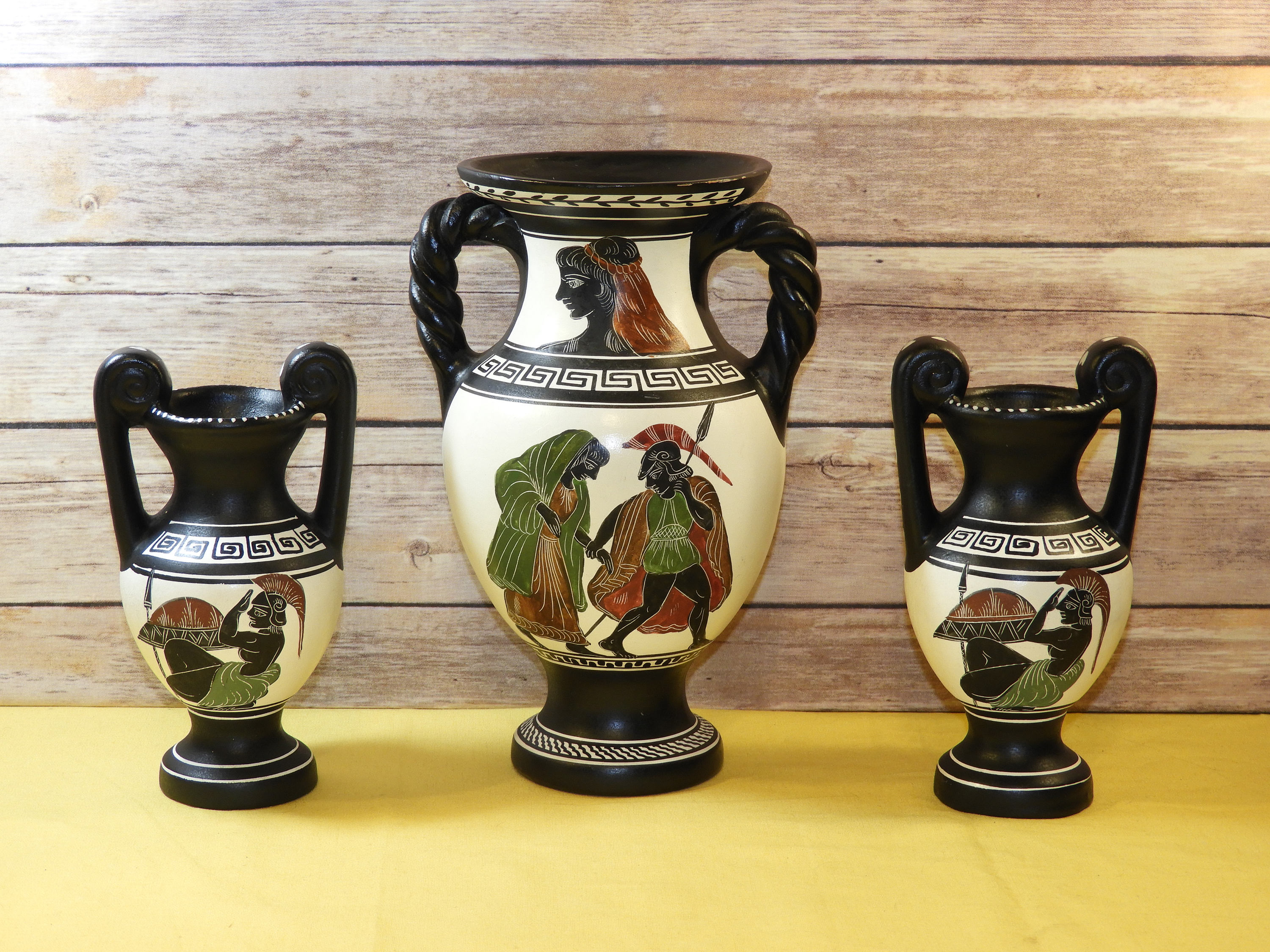Vintage Greek Geometric Amphora Vase Urn Set 3 Pcs Black Attic