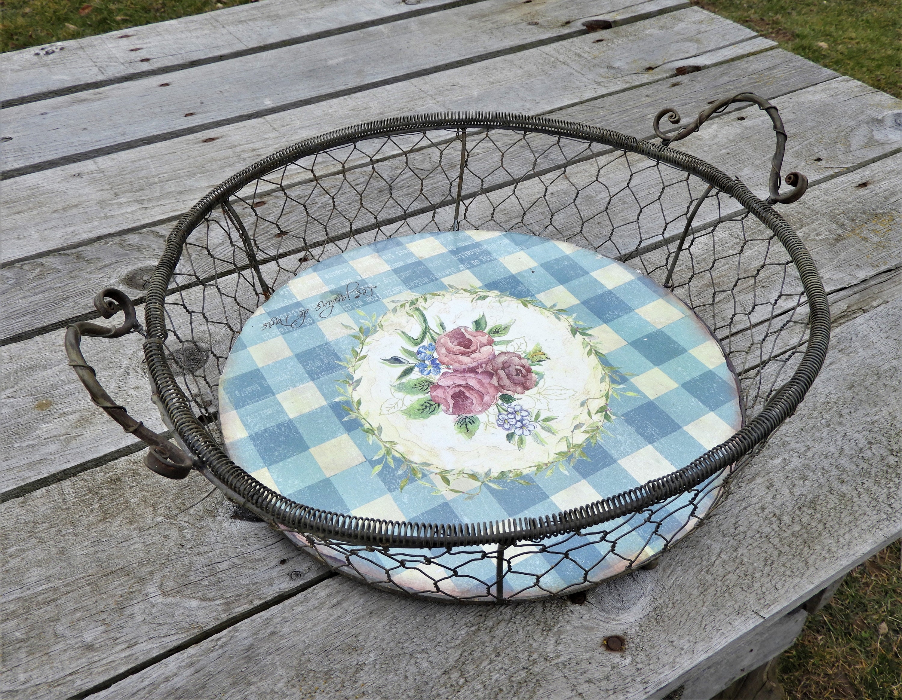 Vintage Metal Basket, Wall Hanging Decor, Round Galvanized, Country