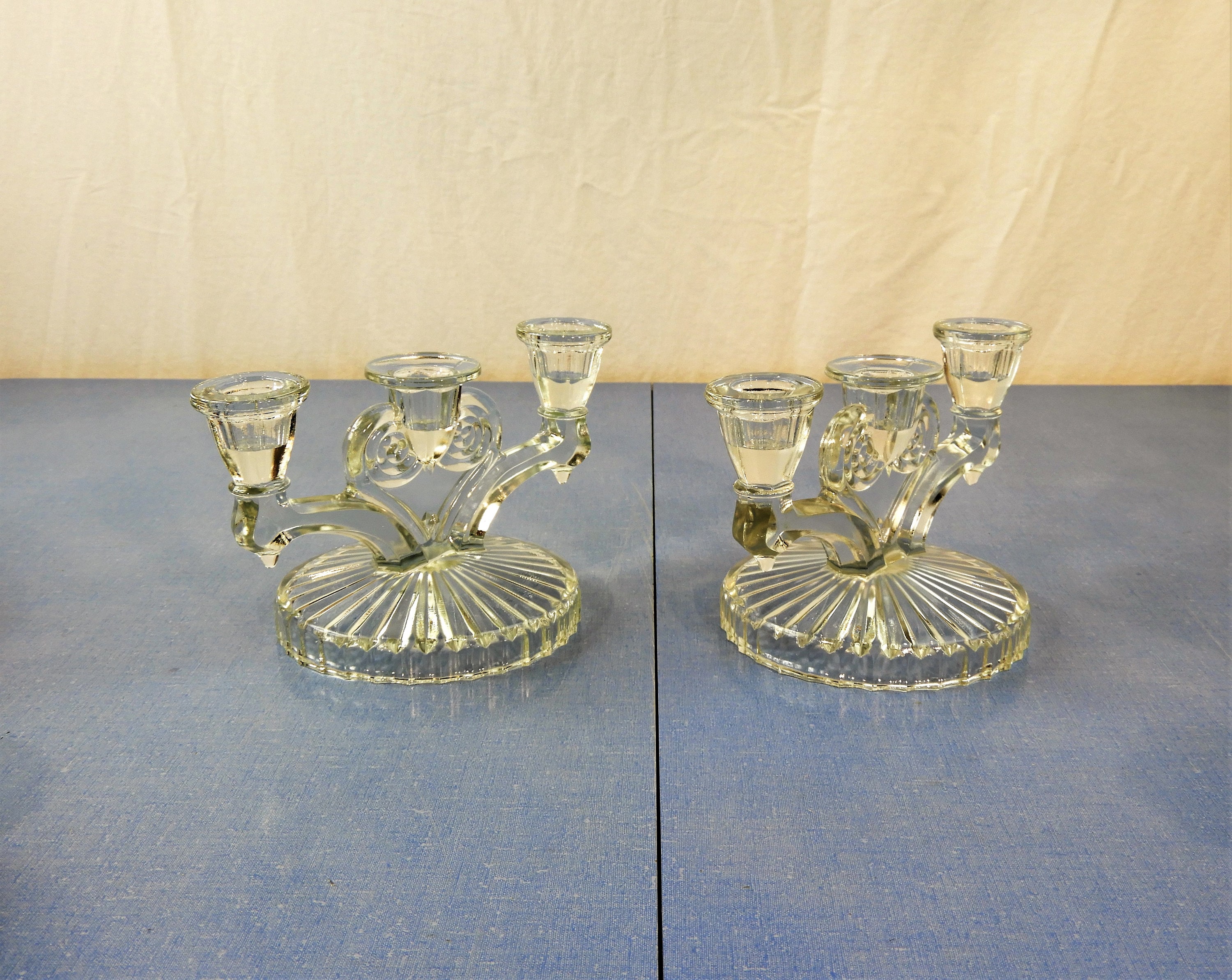 Vintage Glass Candelabras (2), Art Deco Decor, Triple Cup Candle