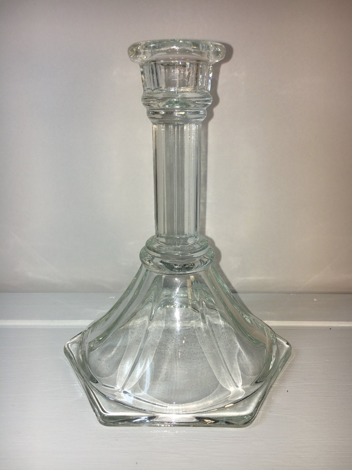 Vintage Elegant Glass Candlestick, Clear Homco Candleholder, Ribbed