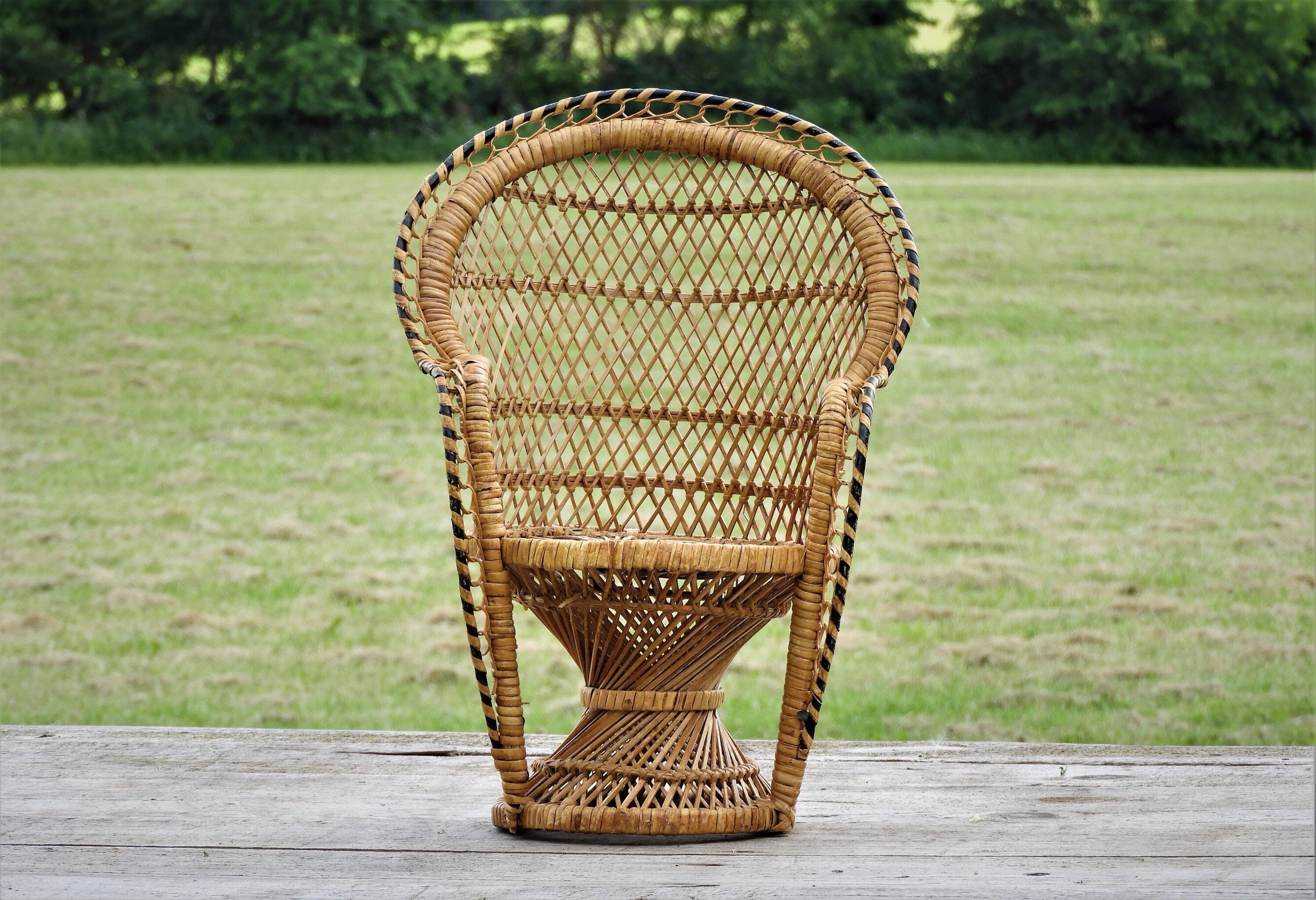 Vintage Rattan Doll Chair, 16 High Back Wood Seat, Decorative Woven Toy