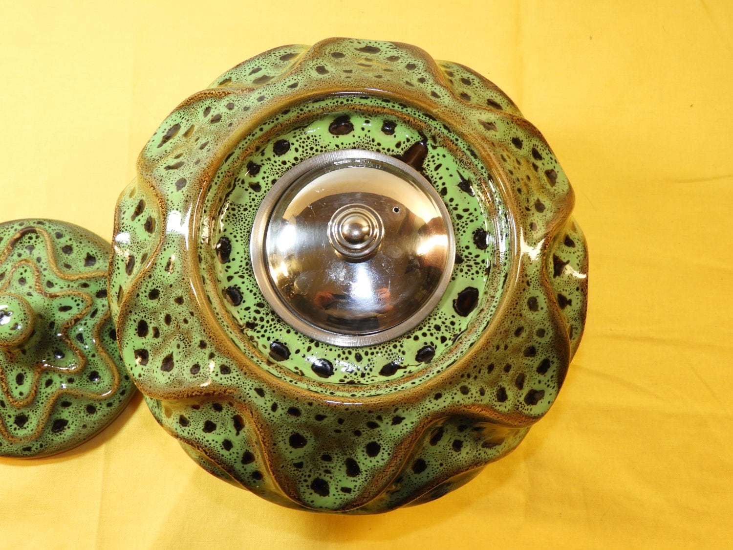 Vintage Incense Holder, Ceramic Wavy Side Canister, Large Green Black