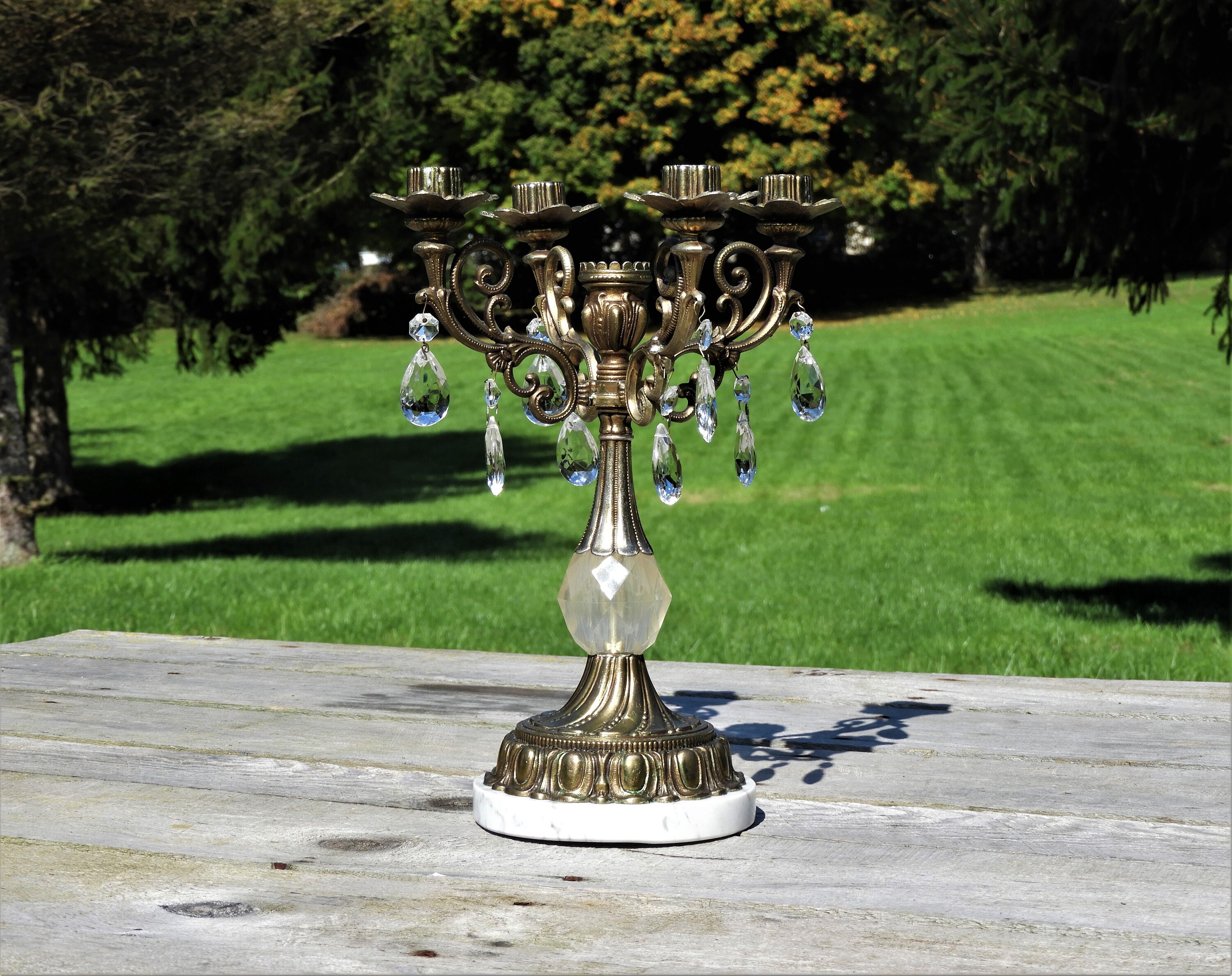 Vintage Bronze Candelabra, 5 Cup Candle Holder, Metal & Marble Light