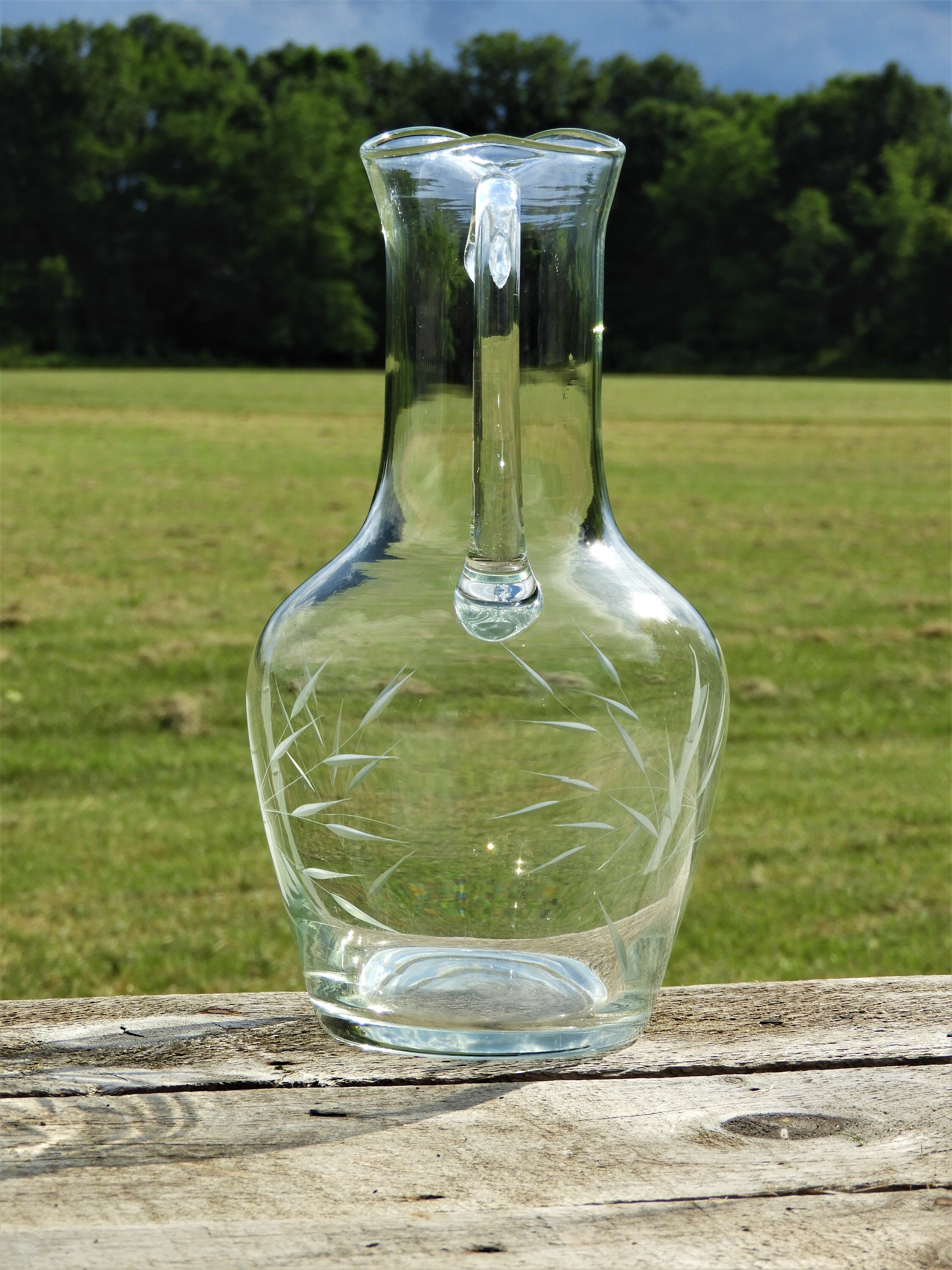 Vintage Juice Pitcher, Etched Cut Glass Carafe, 2 qt Bamboo Theme