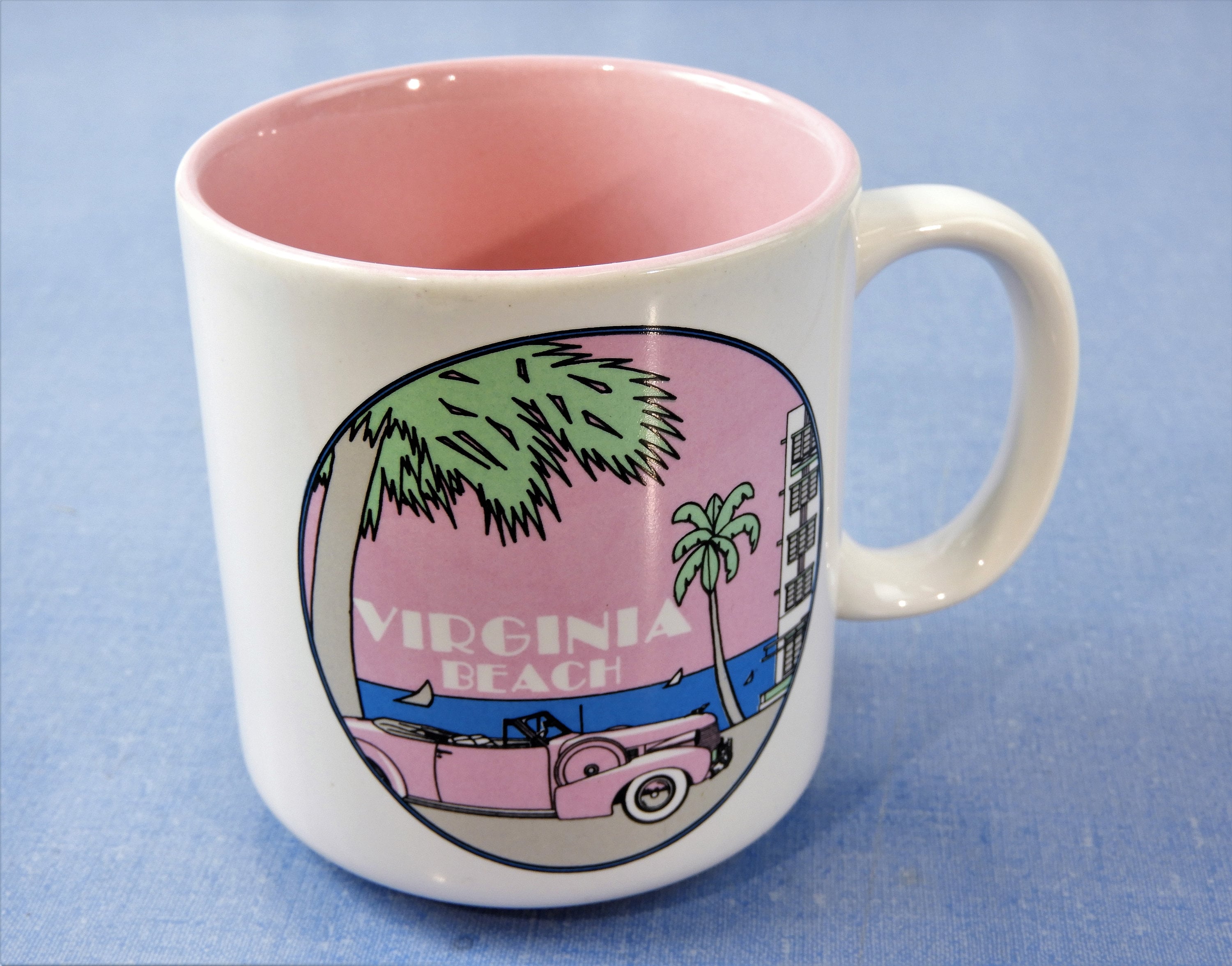 Vintage Coffee Mug, Pink & White Cup, Virginia Beach Souvenir, Retro