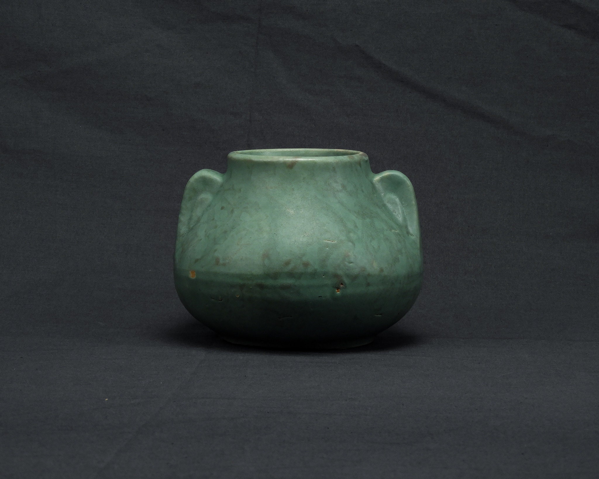 Vintage Green Jardiniere, Brush Pottery, Squatted Vase, Mottled