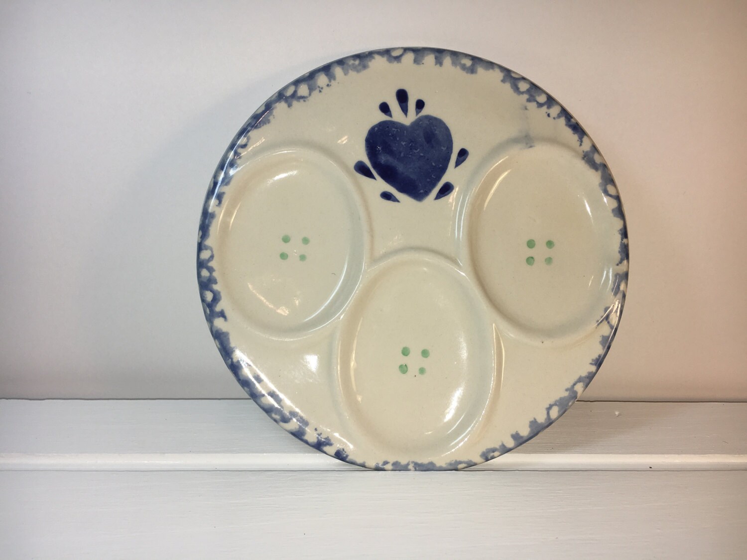 Vintage Blue Heart Spongeware Plate, Blue & White Deviled Egg Platter