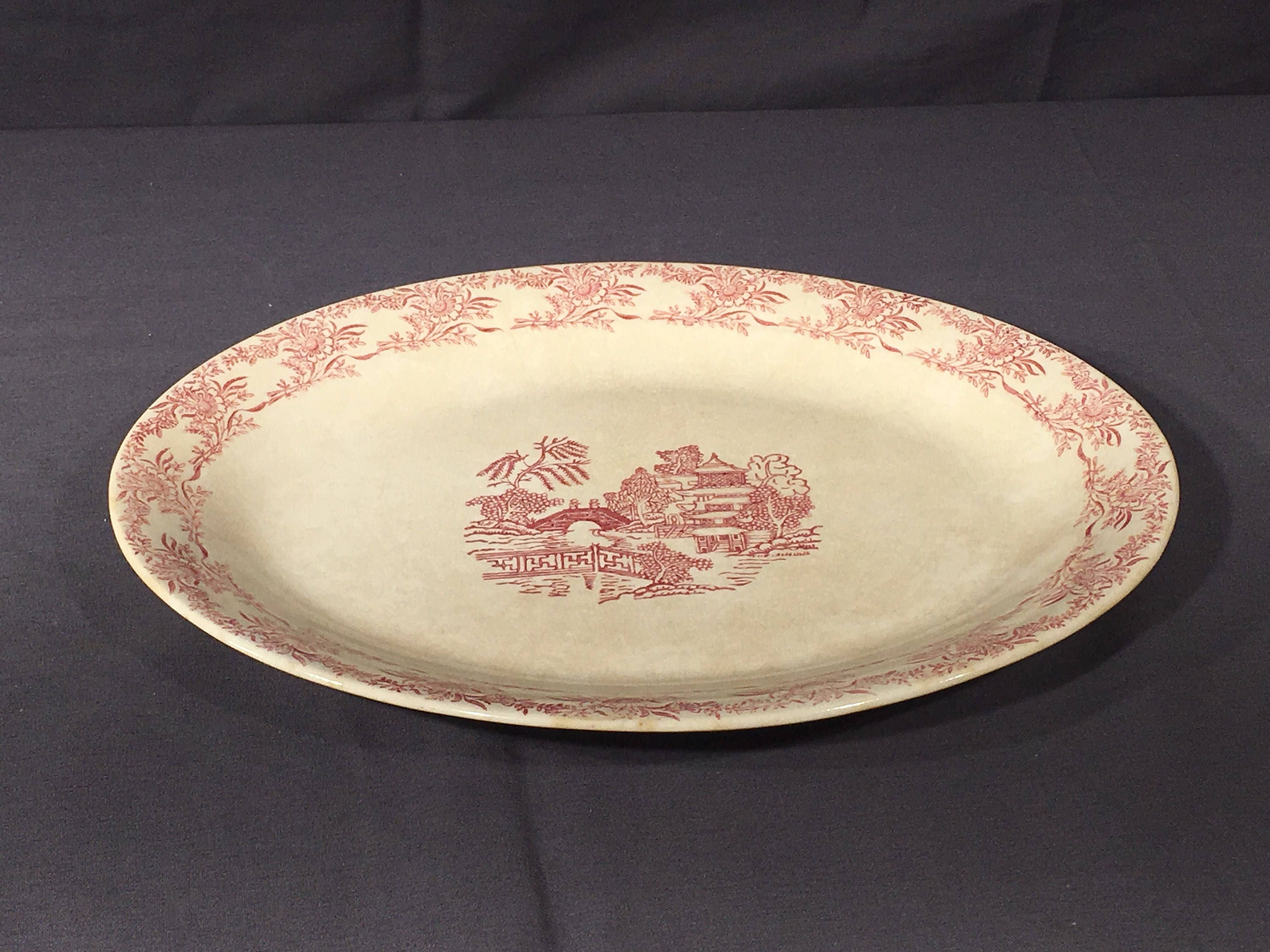 Antique Oriental Plate, Decorative Pink Cranberry & Beige Oval Platter