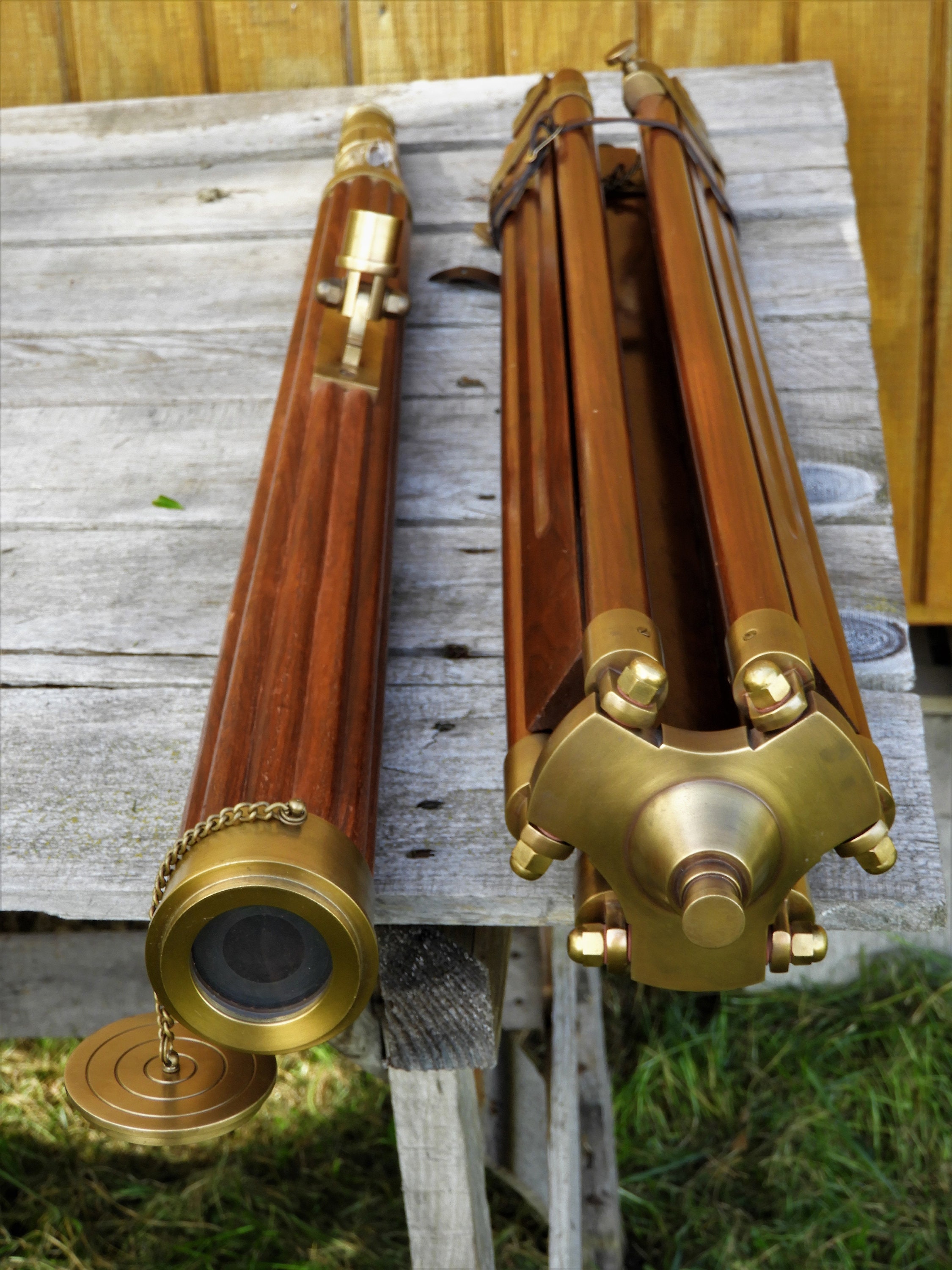 Vintage Wood & Brass Telescope, Nautical Folding Tripod Scope, Gold