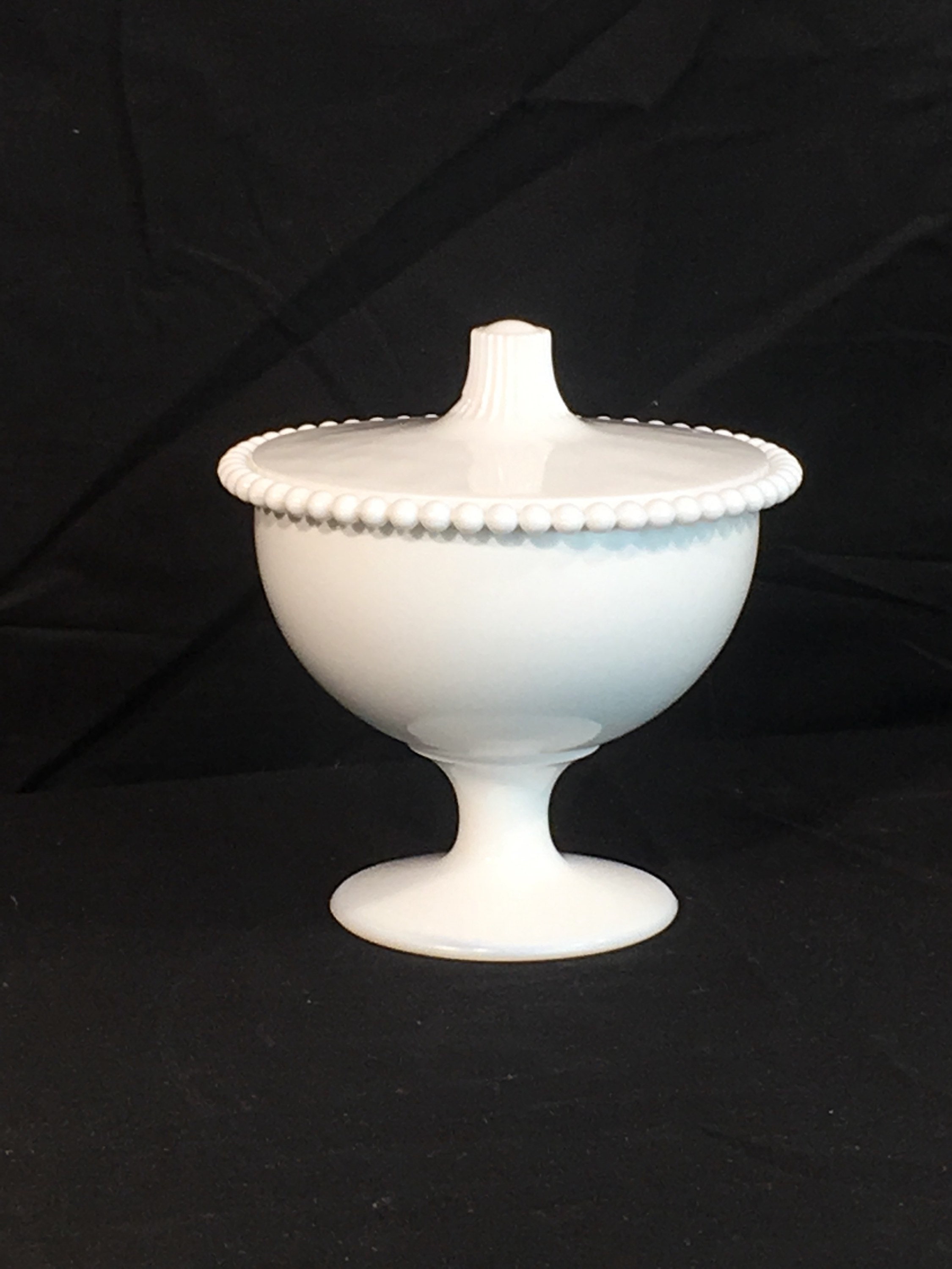 Vintage White Compote, Beaded Milk Glass Candy Dish, Decorative Covered