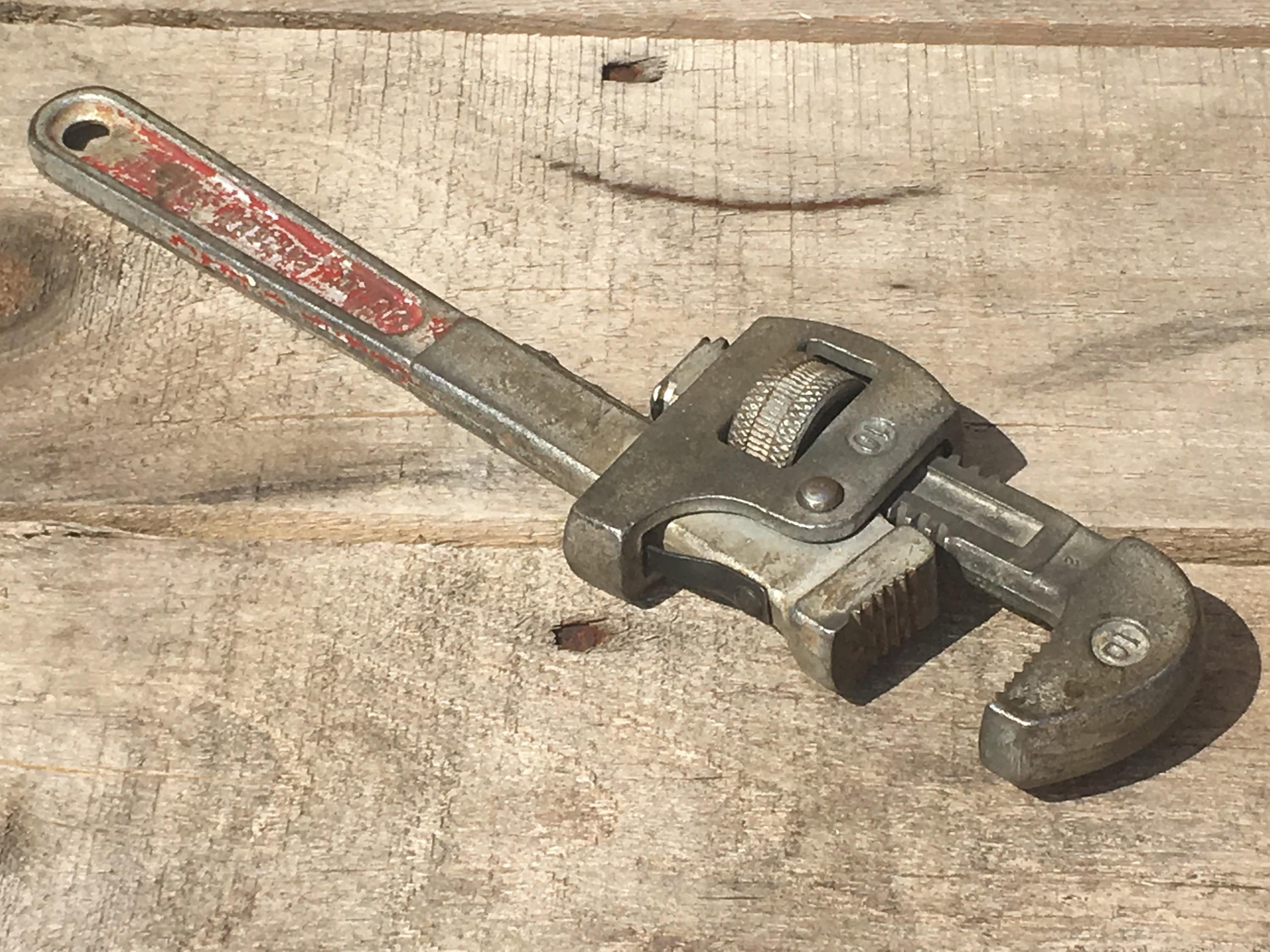 Vintage Billings Pipe Wrench, 10 Plumbers Tool, Silver & Red Utility