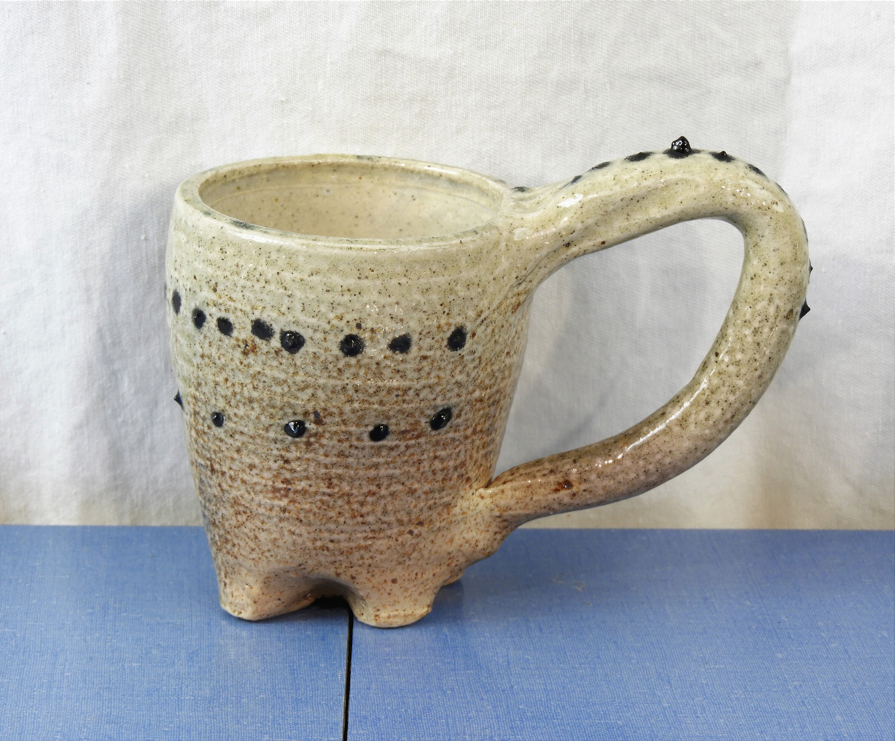 Vintage Dinosaur Mug, Stegosaurus Theme, Beige Ceramic Cup, Black Spike Pottery, Kitchen