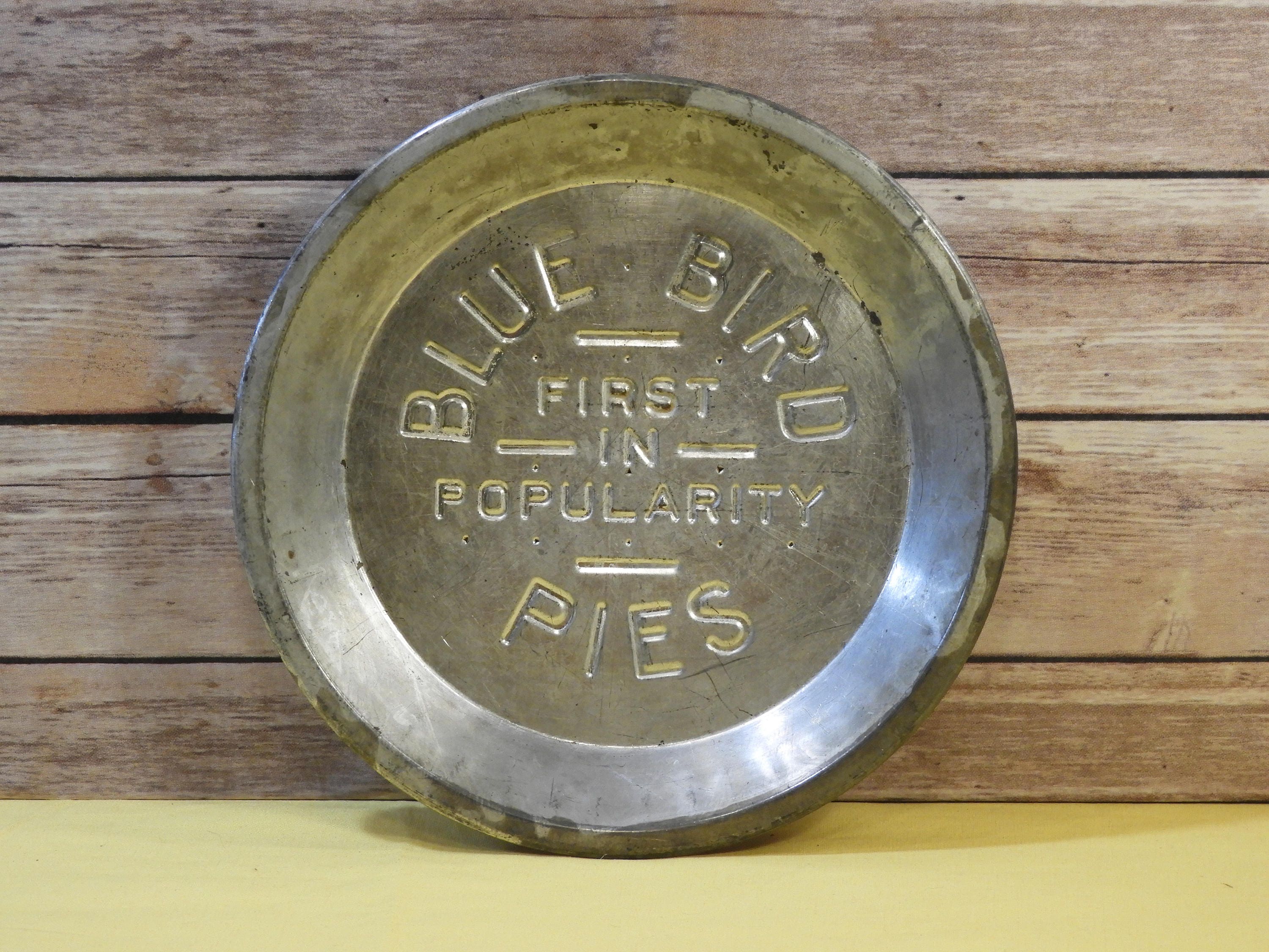 Vintage Blue Bird Pie Tin, Silver Aluminum Pie Plate, Mid Century Decor
