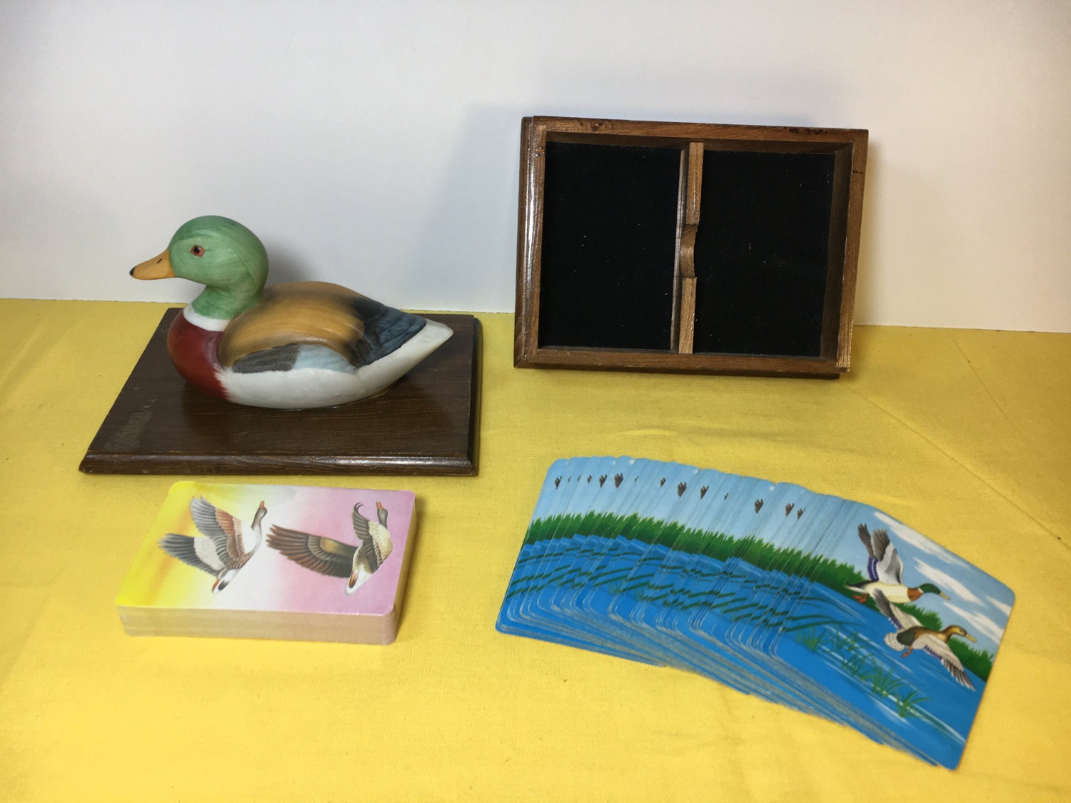 Vintage Mallard Duck Playing Cards, Ceramic Duck On Top Of Wooden Box