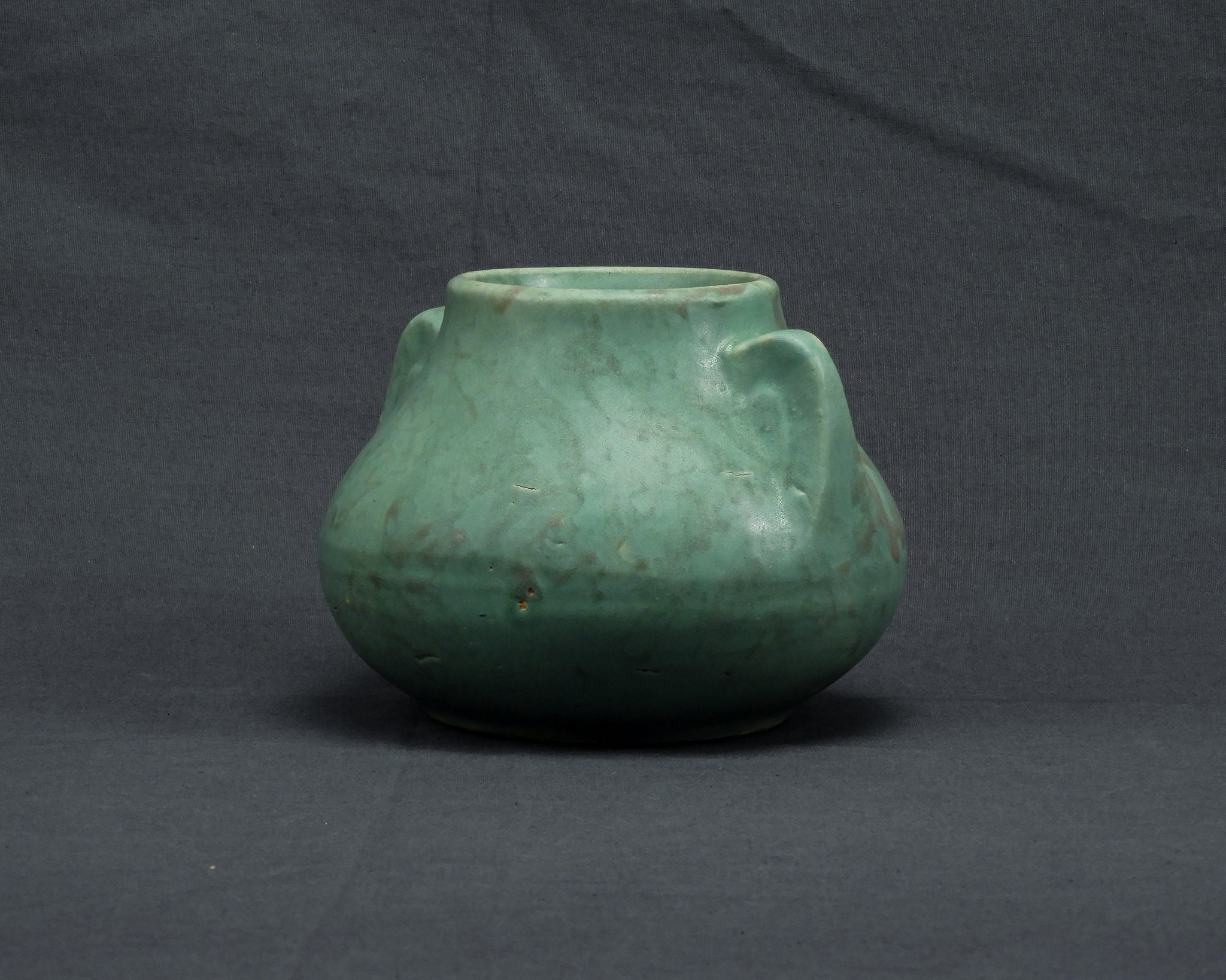 Vintage Green Jardiniere, Brush Pottery, Squatted Vase, Mottled