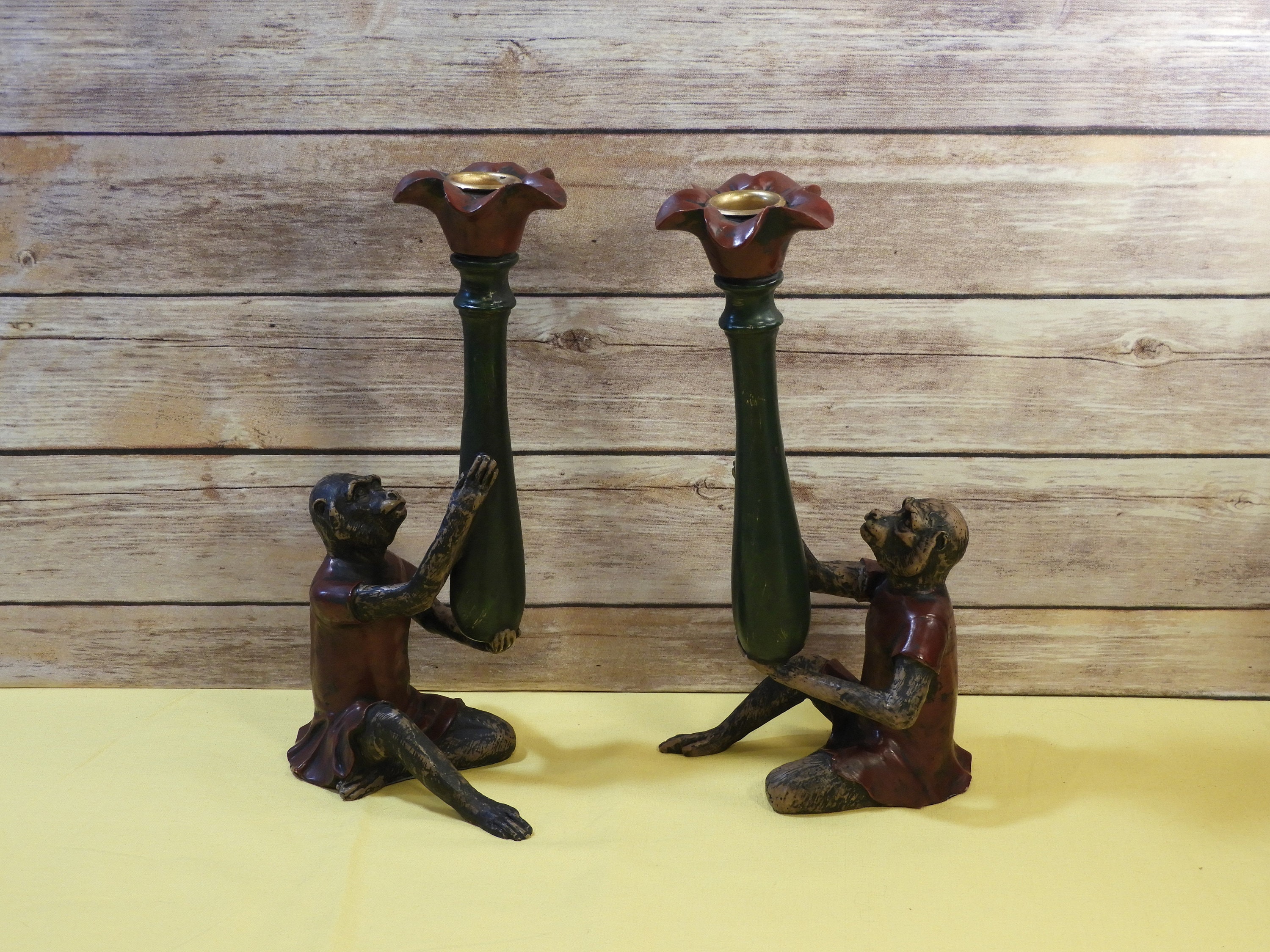 Vintage Monkey Candle Holders (2), Seated Monkey Statue, Carved Resin