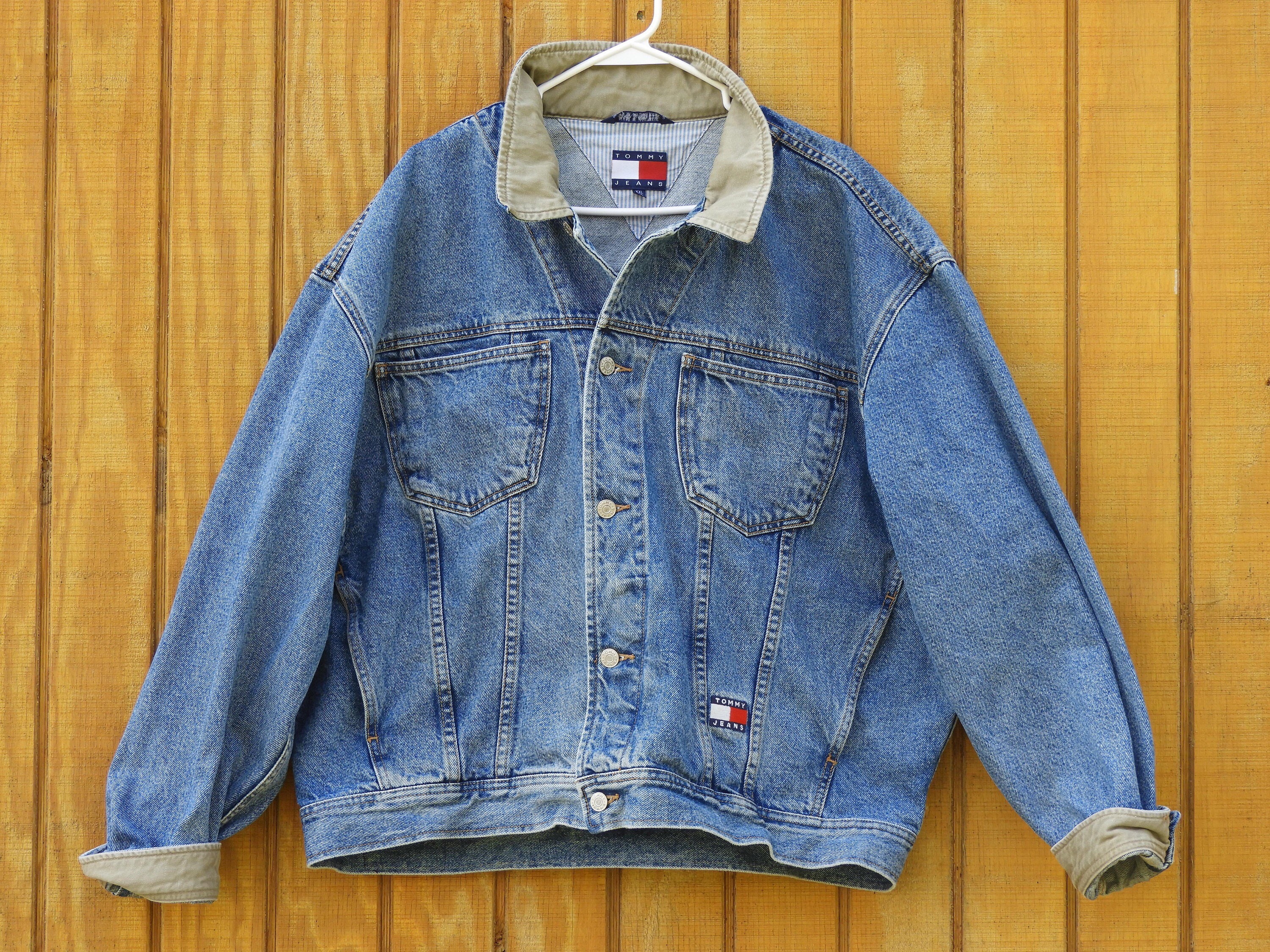 Vintage Tommy Hilfiger Jacket, Blue Jean Trucker Coat, Mens XXL Fashion