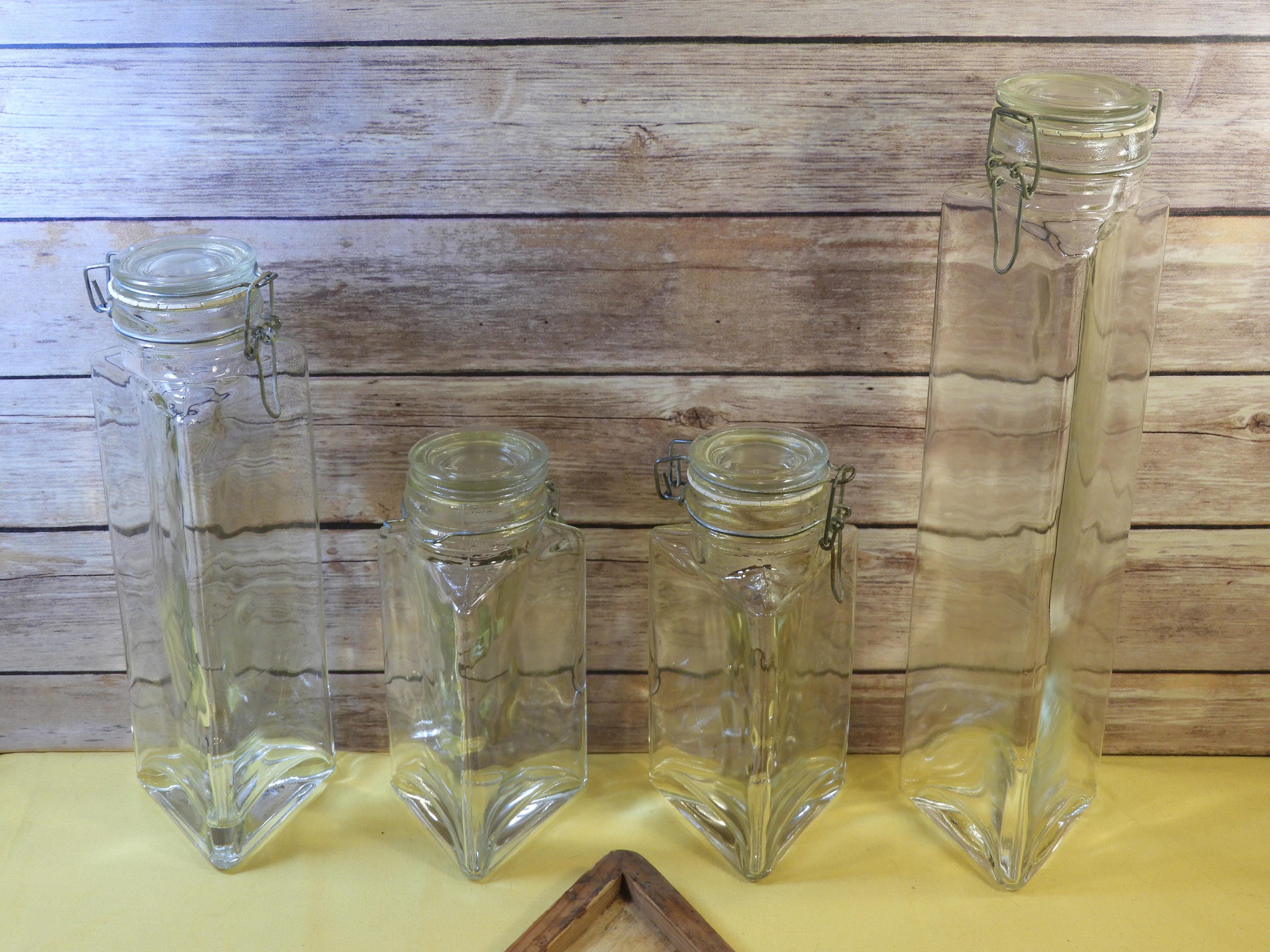 Vintage Geometrical Glass Pasta Canister Set (4 and Base), Triangle Pasta Kitchen Jars