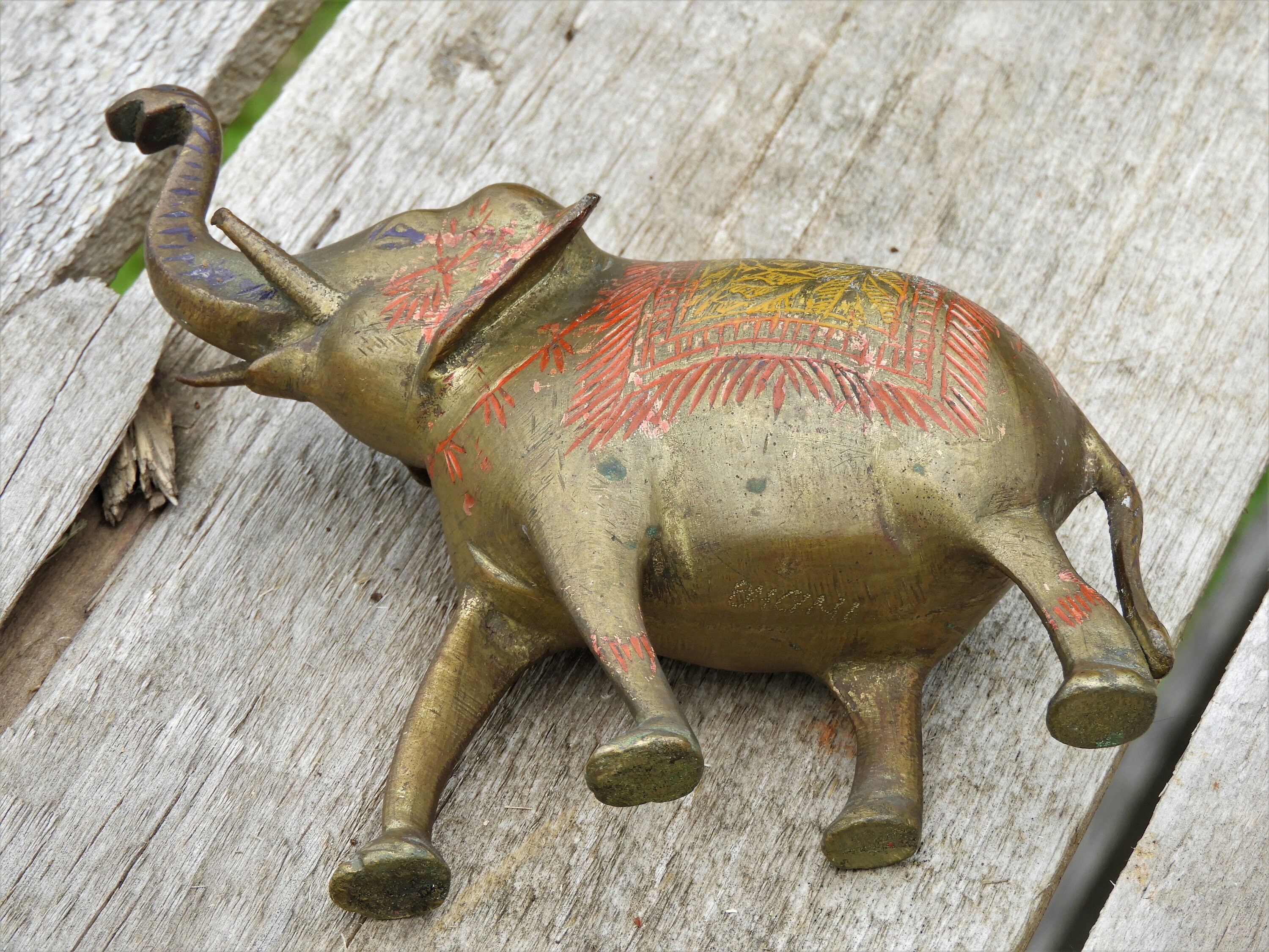 Vintage Asian Elephant, Ornate Brass Figurine, Carved & Hammered Metal