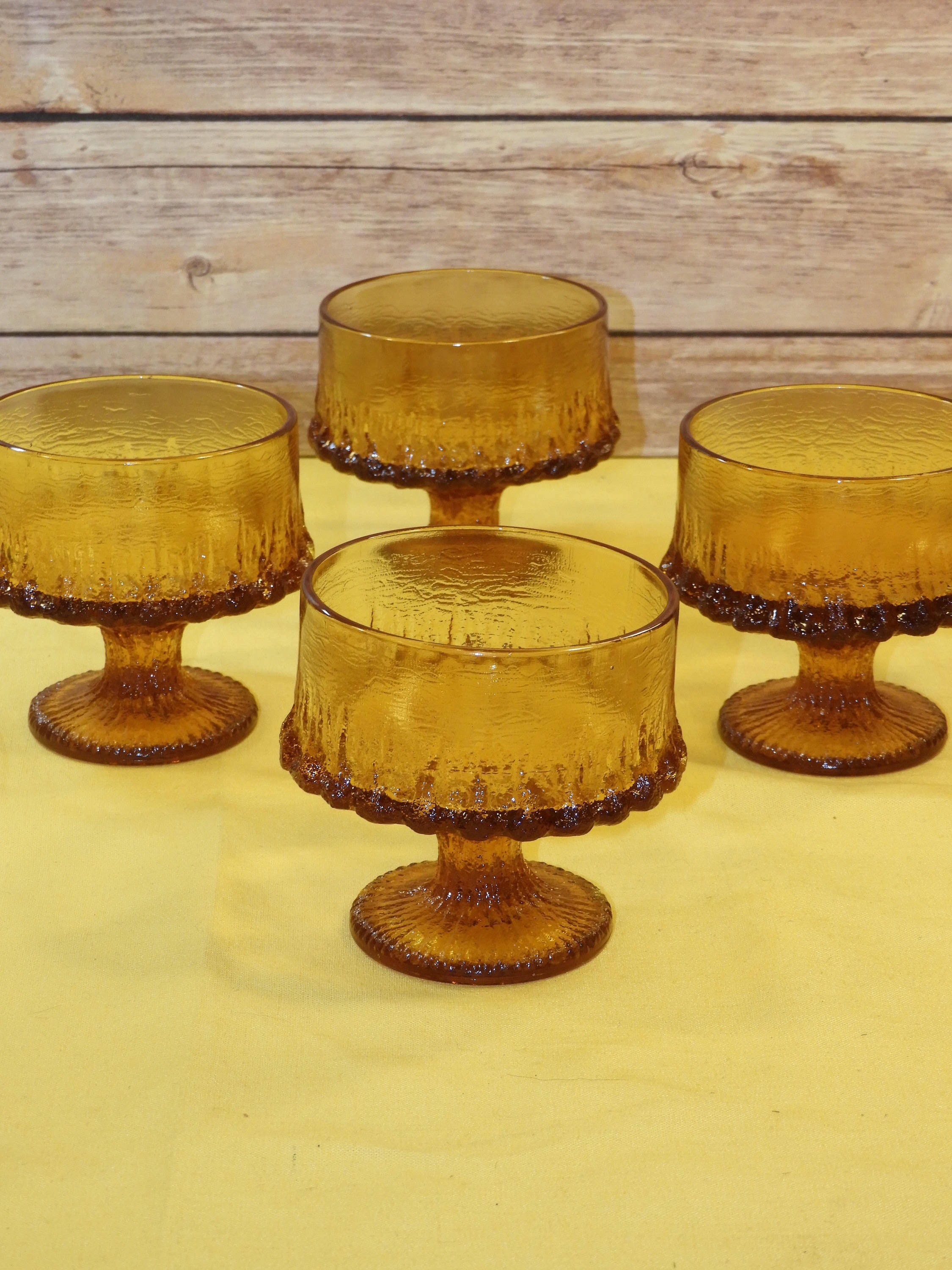 Vintage Amber Glass Dessert Cups, Stem Sorbet Bowls, Scalloped Bottom