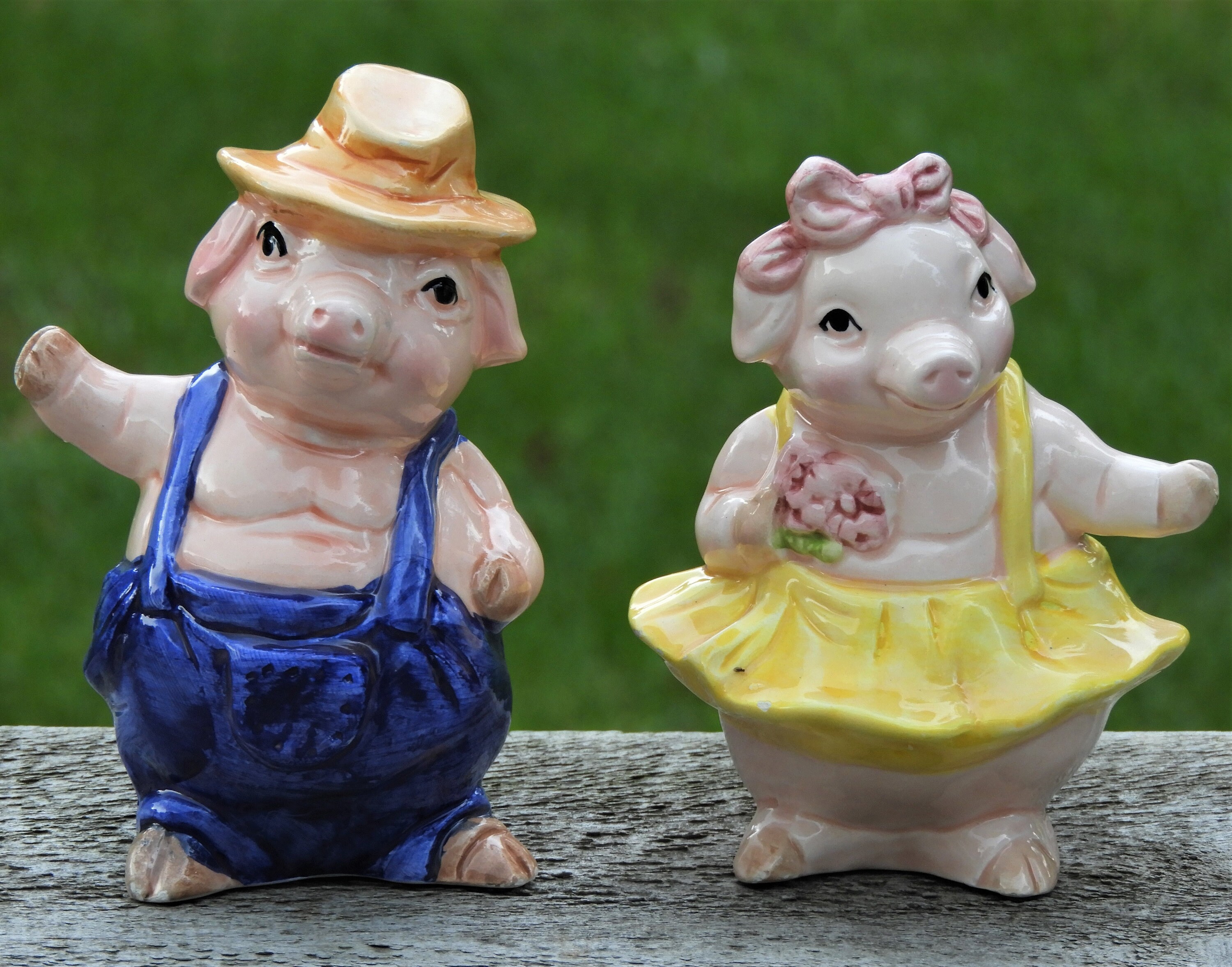 Vintage Pig Figurines (2), Farmer & Tutu Pig, Pink and Yellow Farm Figures, Decorative Hog
