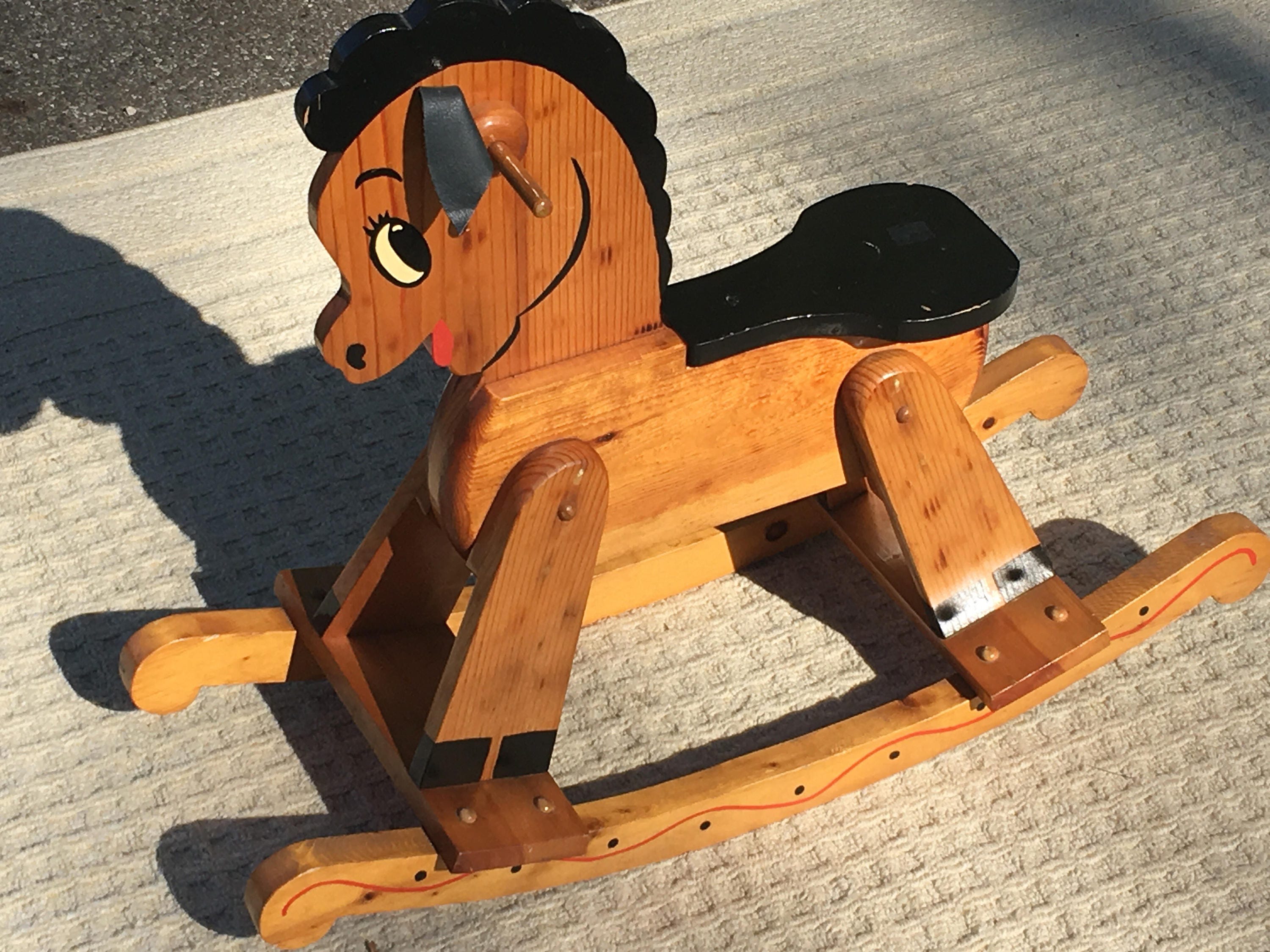 Vintage Rocking Horse, Wooden Children's Toy, Golden Brown & Black