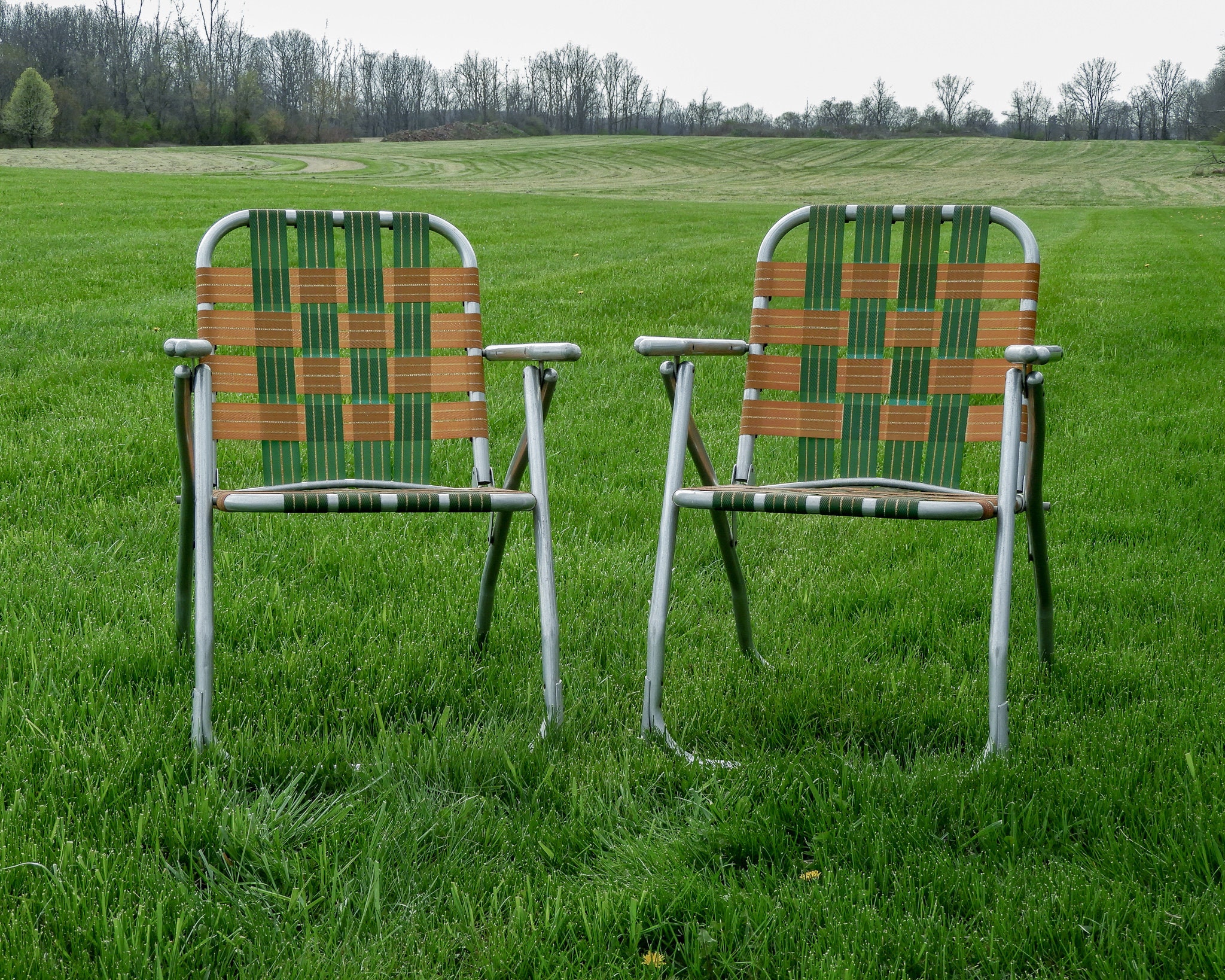 Vintage Lawn Chairs (2), Green & Gold, Tubed Aluminum, Metal Frame