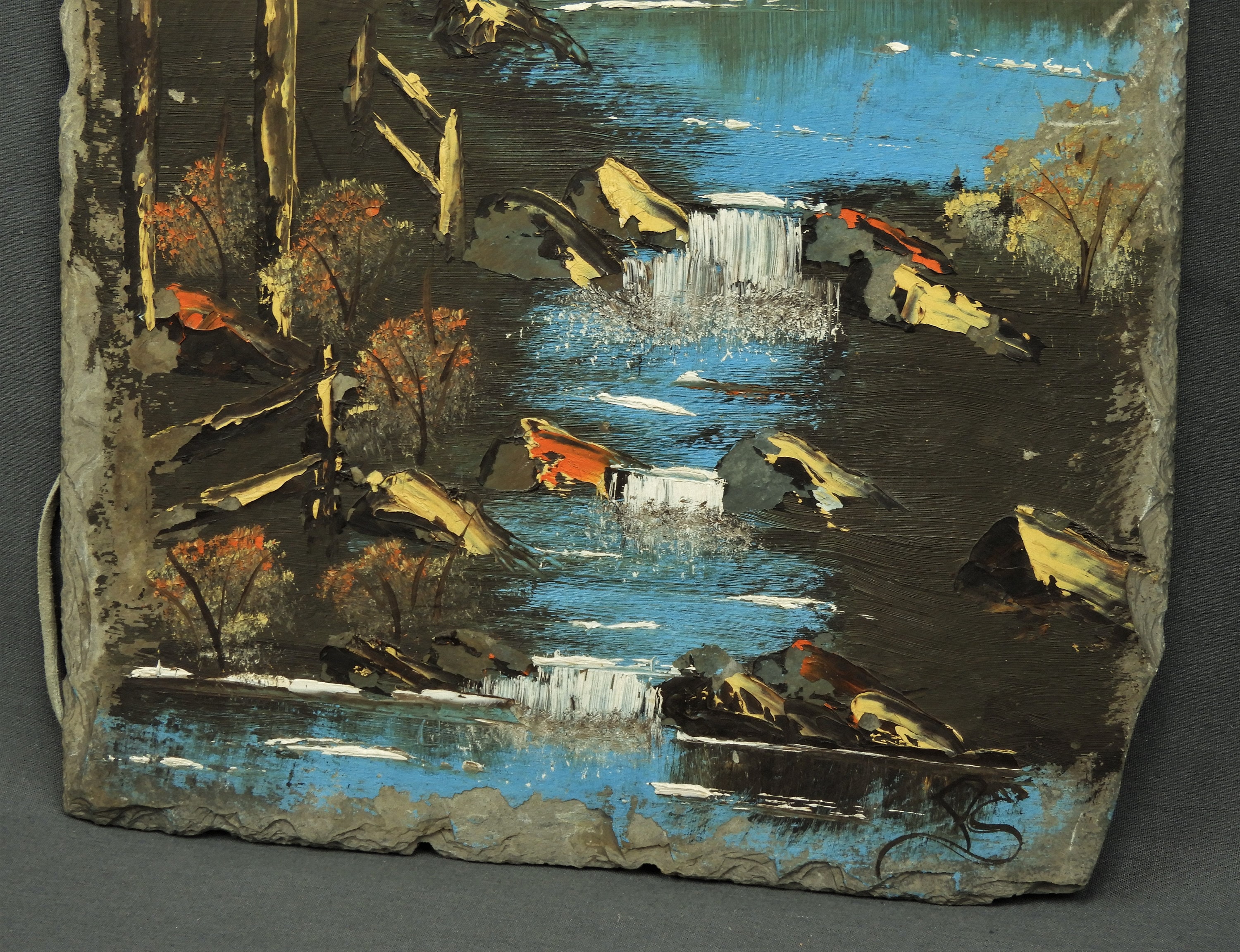 Vintage Slate Painting, Wall Hanging, Entryway Decor, Signed PS, Autumn