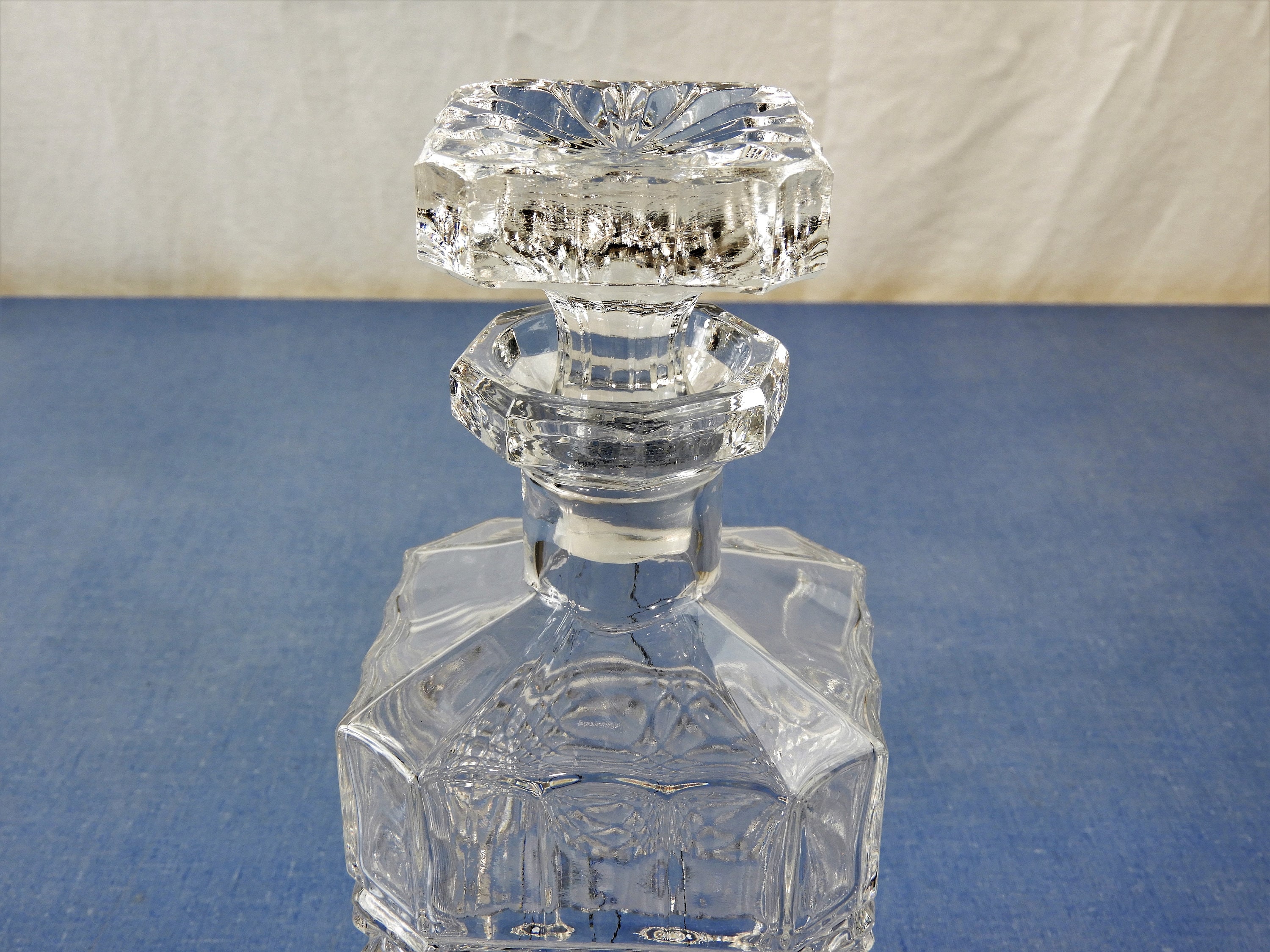 Vintage Cut Glass Decanter, Clear Crystal Bottle, Diamond Hobnail