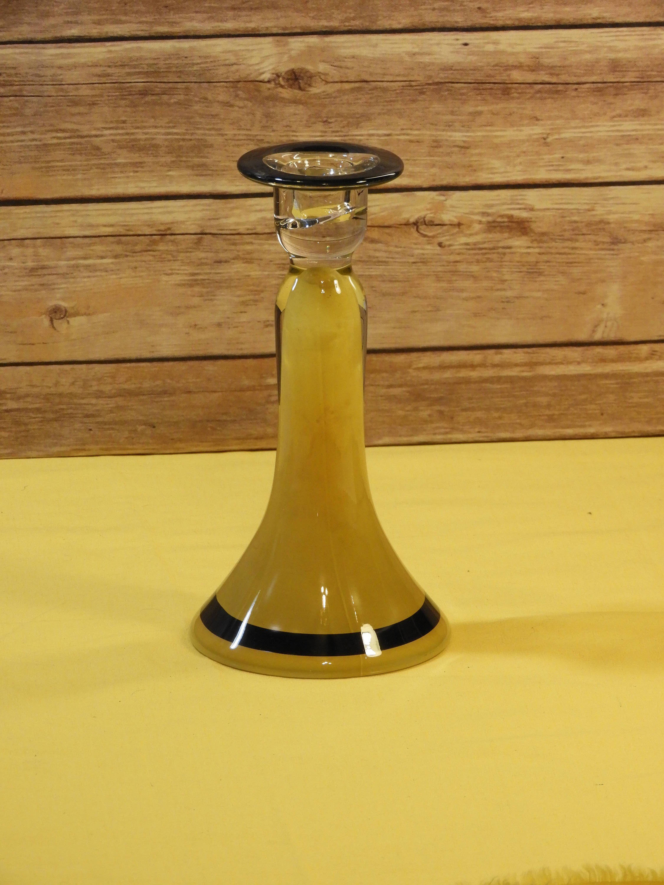 Vintage Art Deco Candle Holder, Yellow & Black Decorative Glass