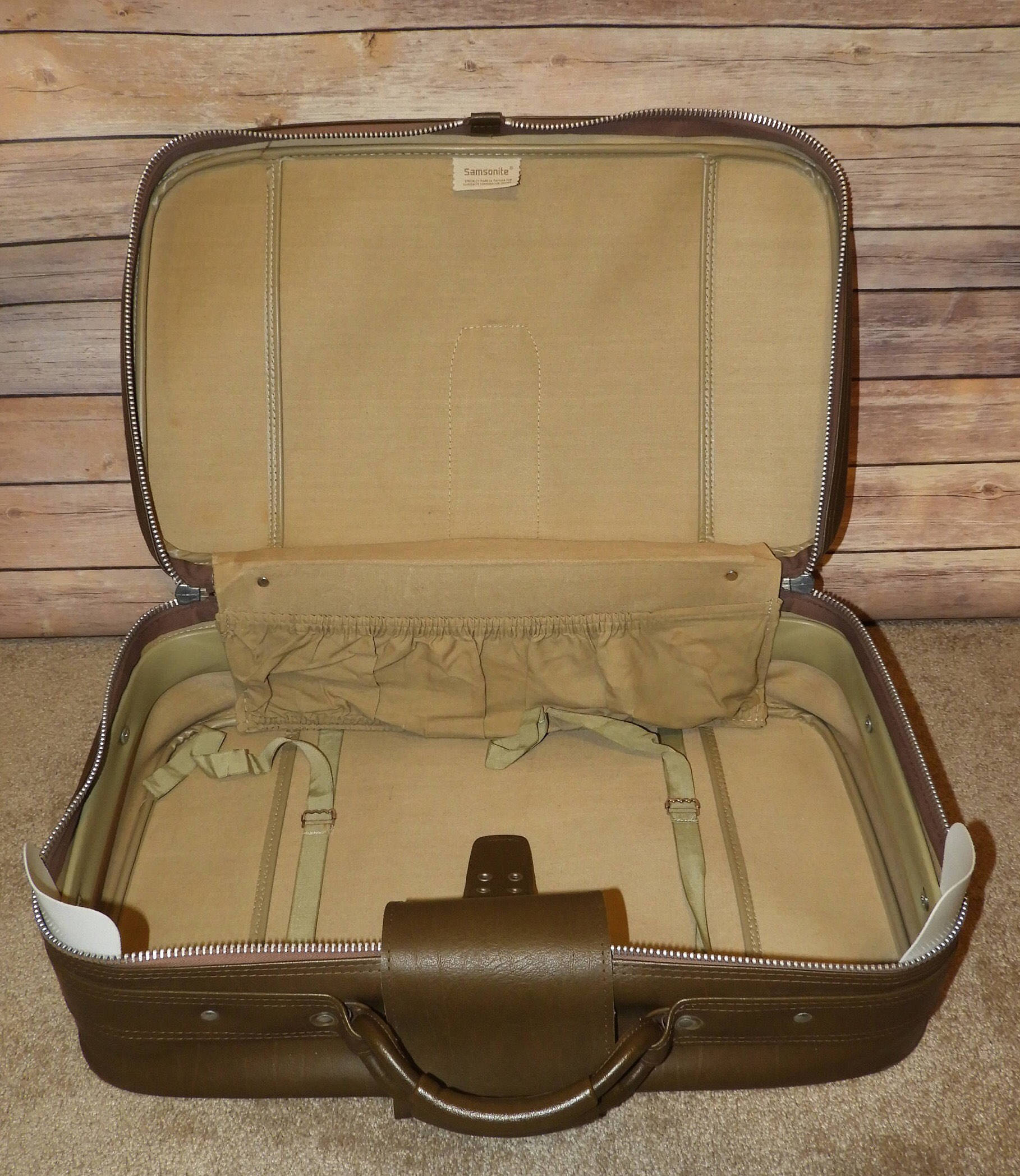 Vintage Samsonite Luggage Carry On, Brown Gold Leather Look Expandable