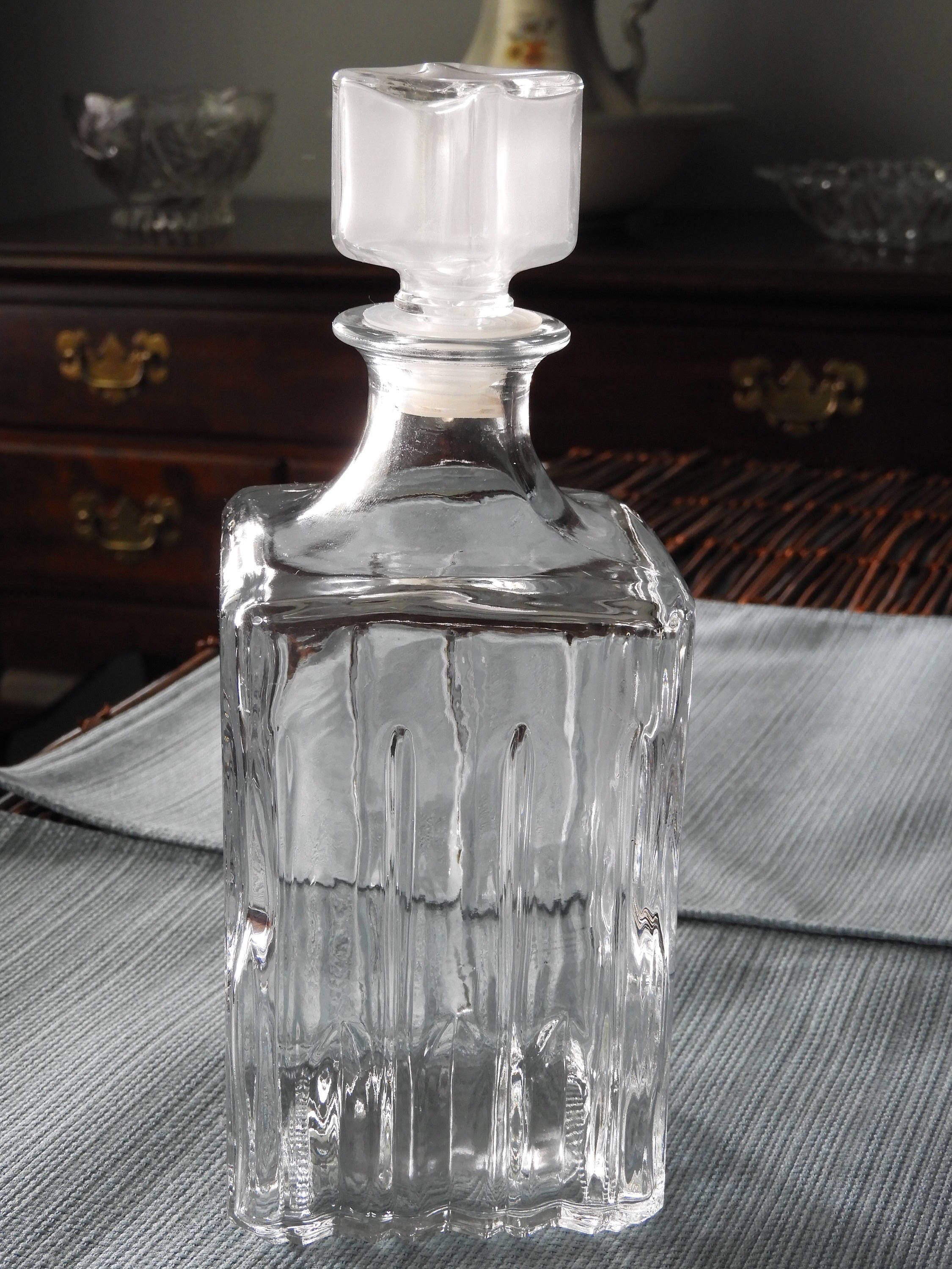 Vintage Square Italian Glass Decanter Bottle, Clear Ribbed Jar, Wine