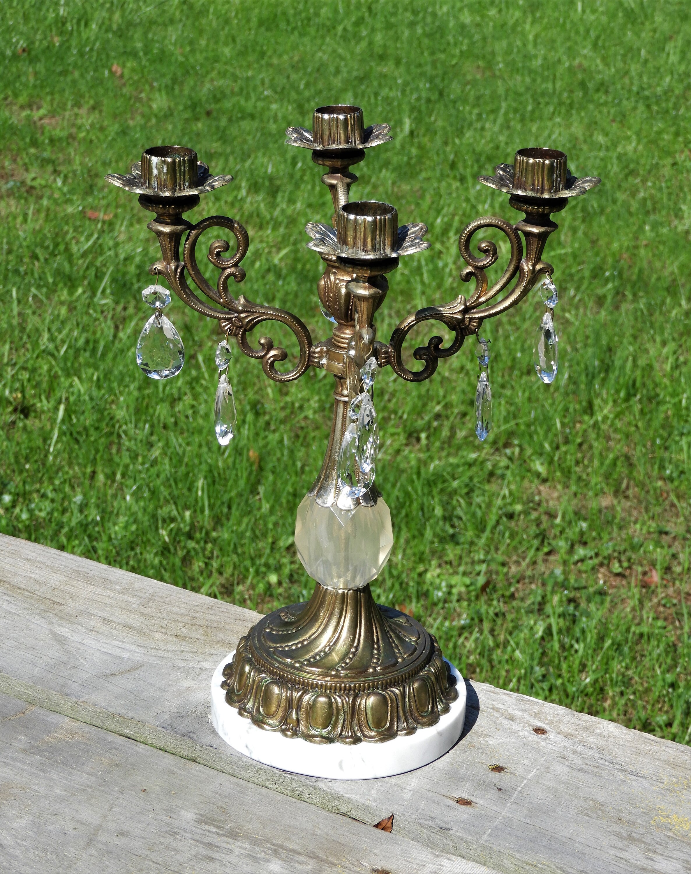 Vintage Bronze Candelabra, 5 Cup Candle Holder, Metal & Marble Light, Novelty Crystal Corp