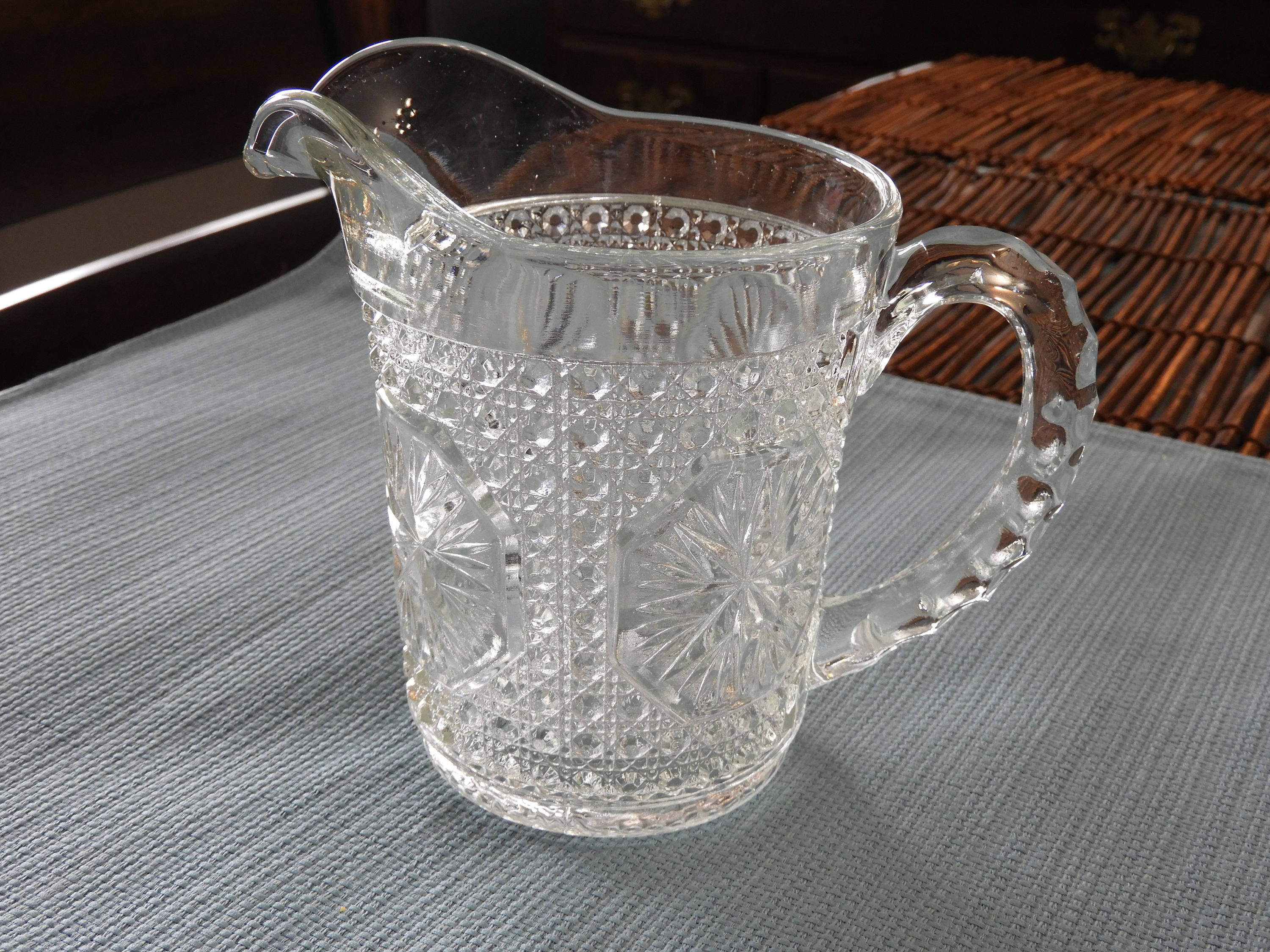 Vintage Glass Pitcher, Dot Starburst, Milk Pitcher, Clear Dinnerware