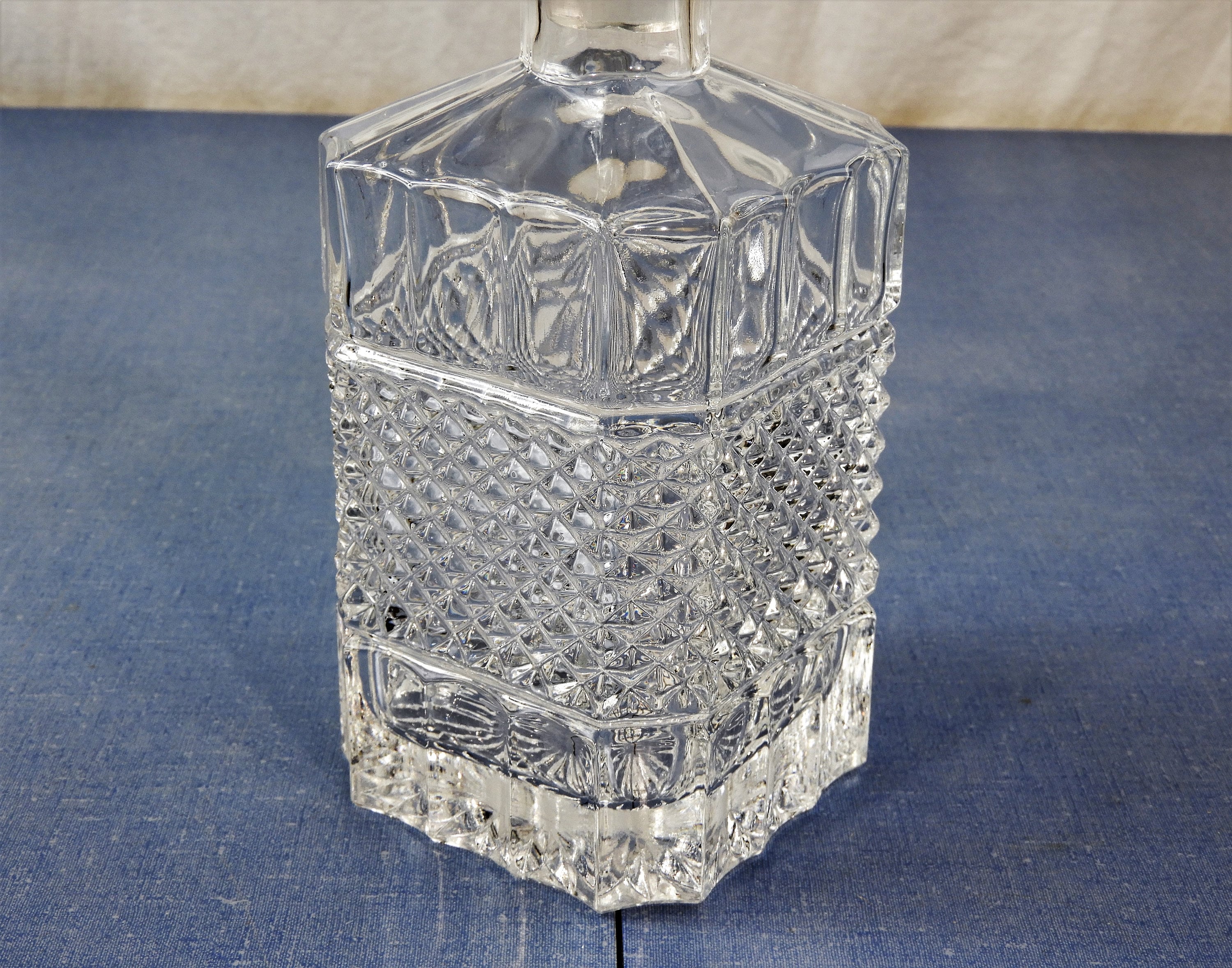 Vintage Cut Glass Decanter, Clear Crystal Bottle, Diamond Hobnail