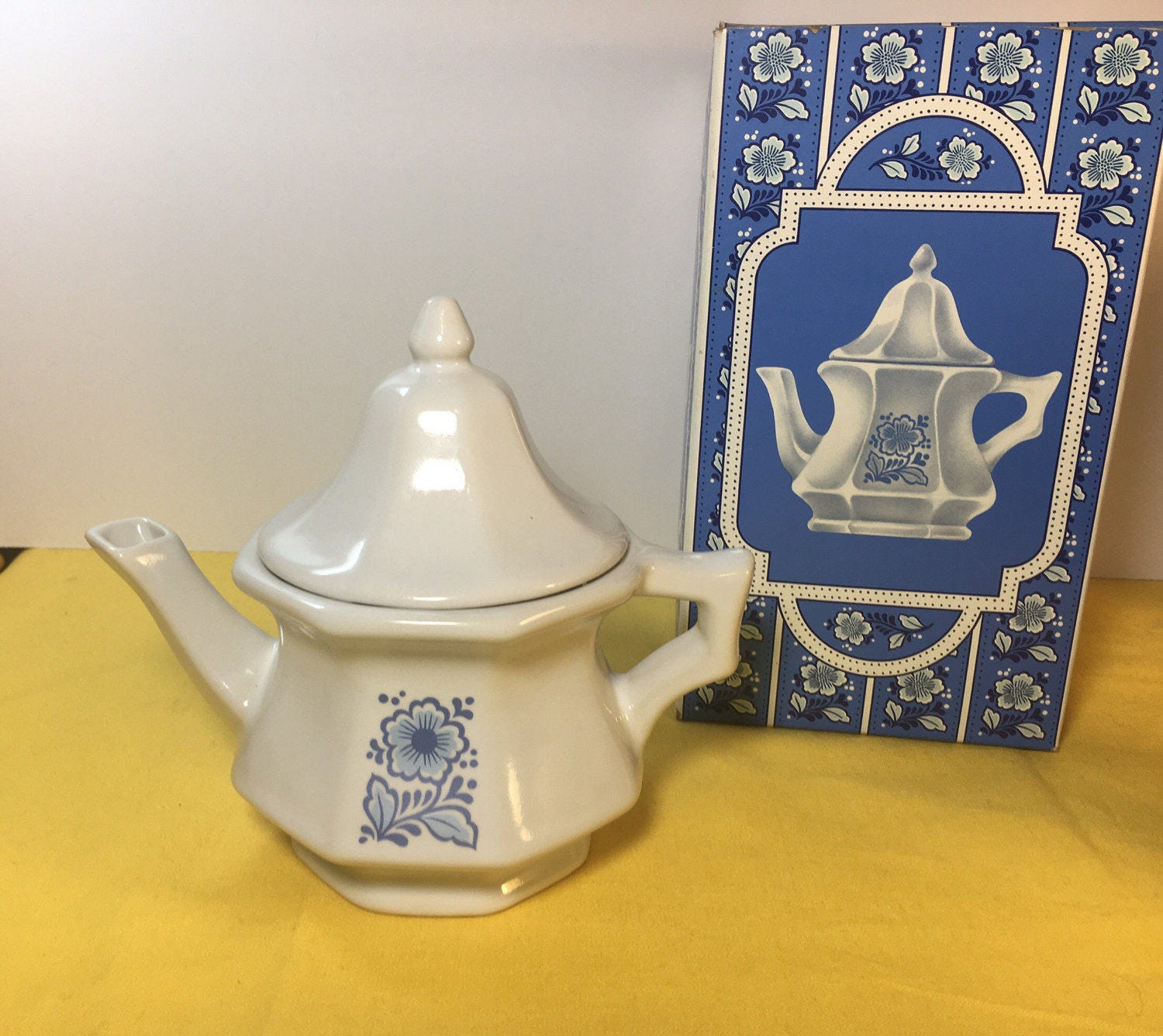 Vintage Avon China Teapot Perfumed Candle Holder, White & Blue Teapot