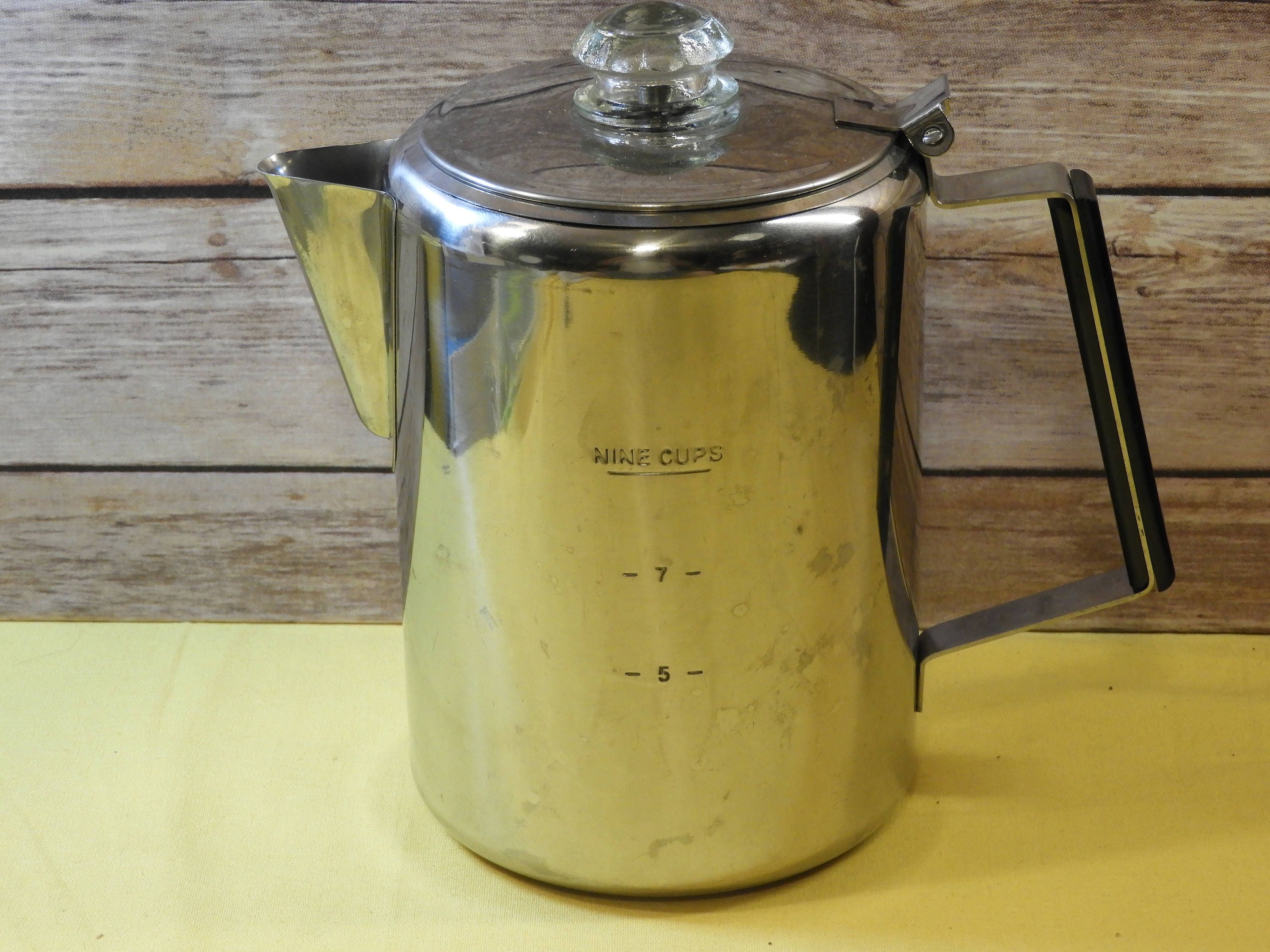 Vintage Percolator Coffee Maker 9 Cup, Silver Stainless Steel Seamless